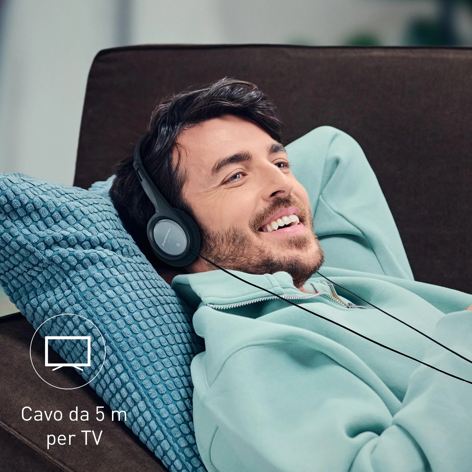 Panasonic RP-HT090E-H Cuffie Stereo On-Ear, Cavo 5m, Controllo Volume, Jack 3,5mm, Nero