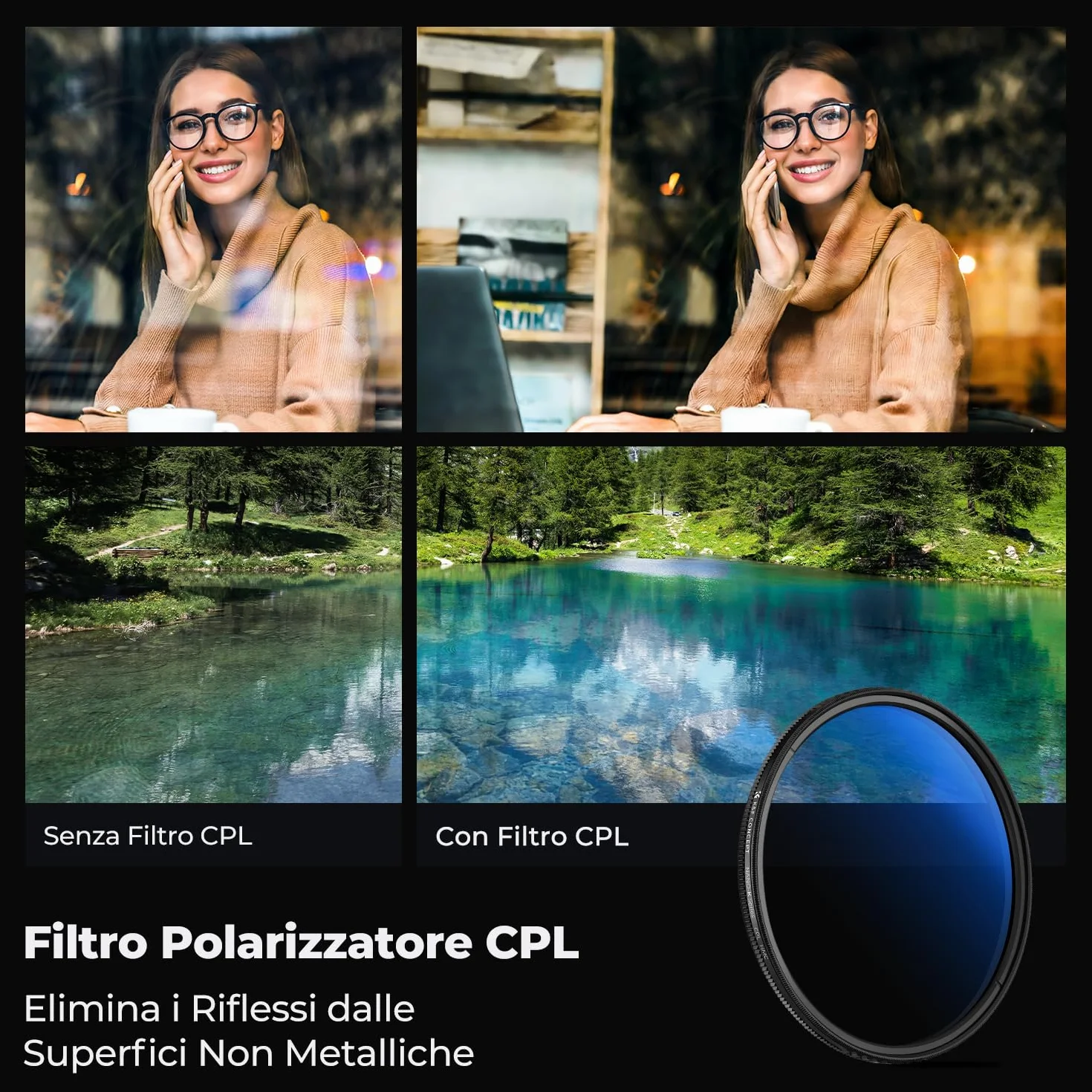 K&F CONCEPT Filtro Polarizzatore Circolare CPL Vetro Ottico Nano-Rivestimento 62mm