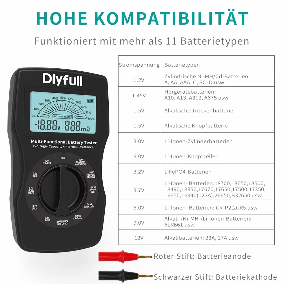 Dlyfull Tester Batterie Stilo Universale per AA AAA C D 9V Ricaricabili e Non Ricaricabili Volt Resistenza Interna Checker