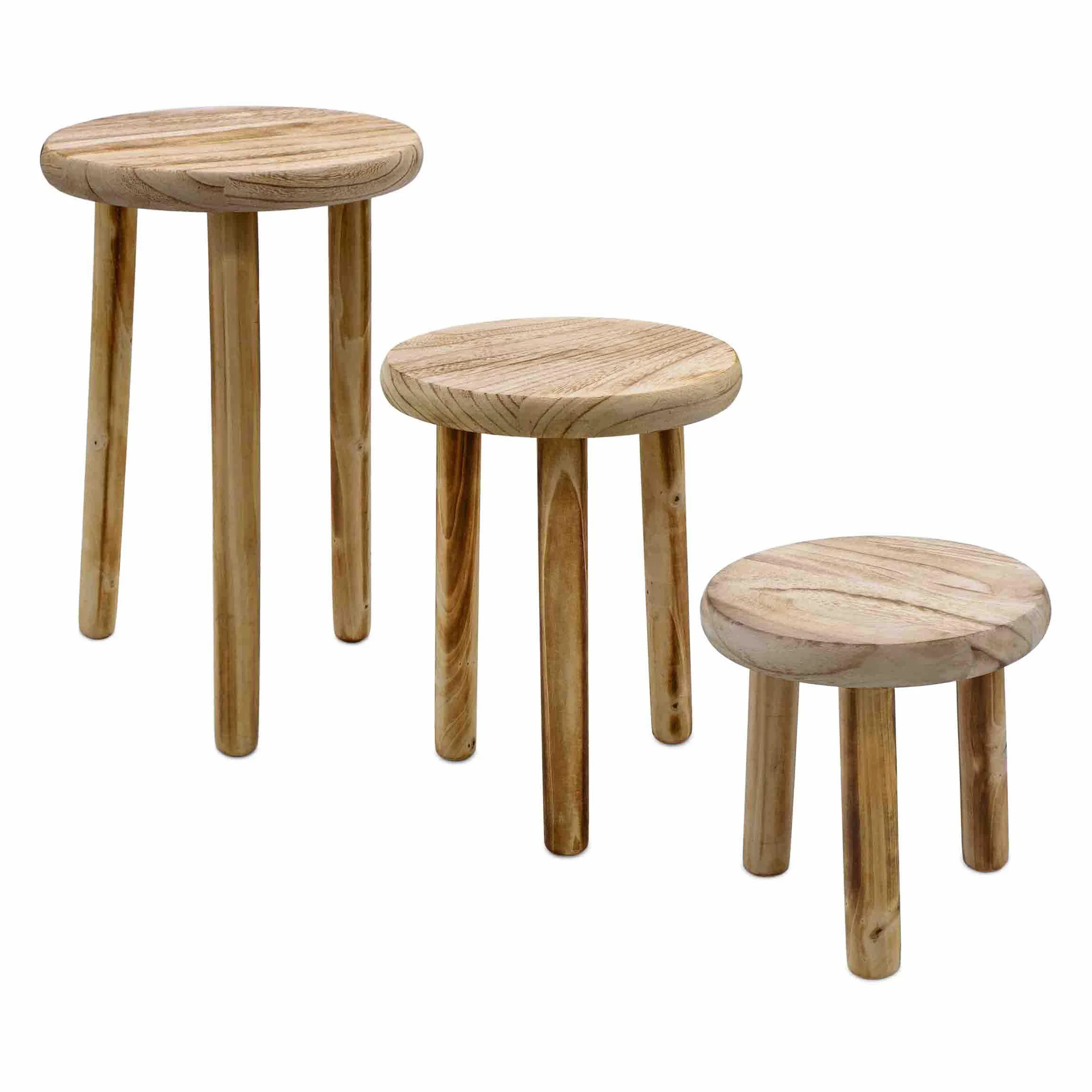 Set di 3 sgabelli in legno con 3 gambe fiammate, 20 / 23 / 25 cm, in legno massello decorativo, rotondi, piccoli in look usato, per piante da appartamento