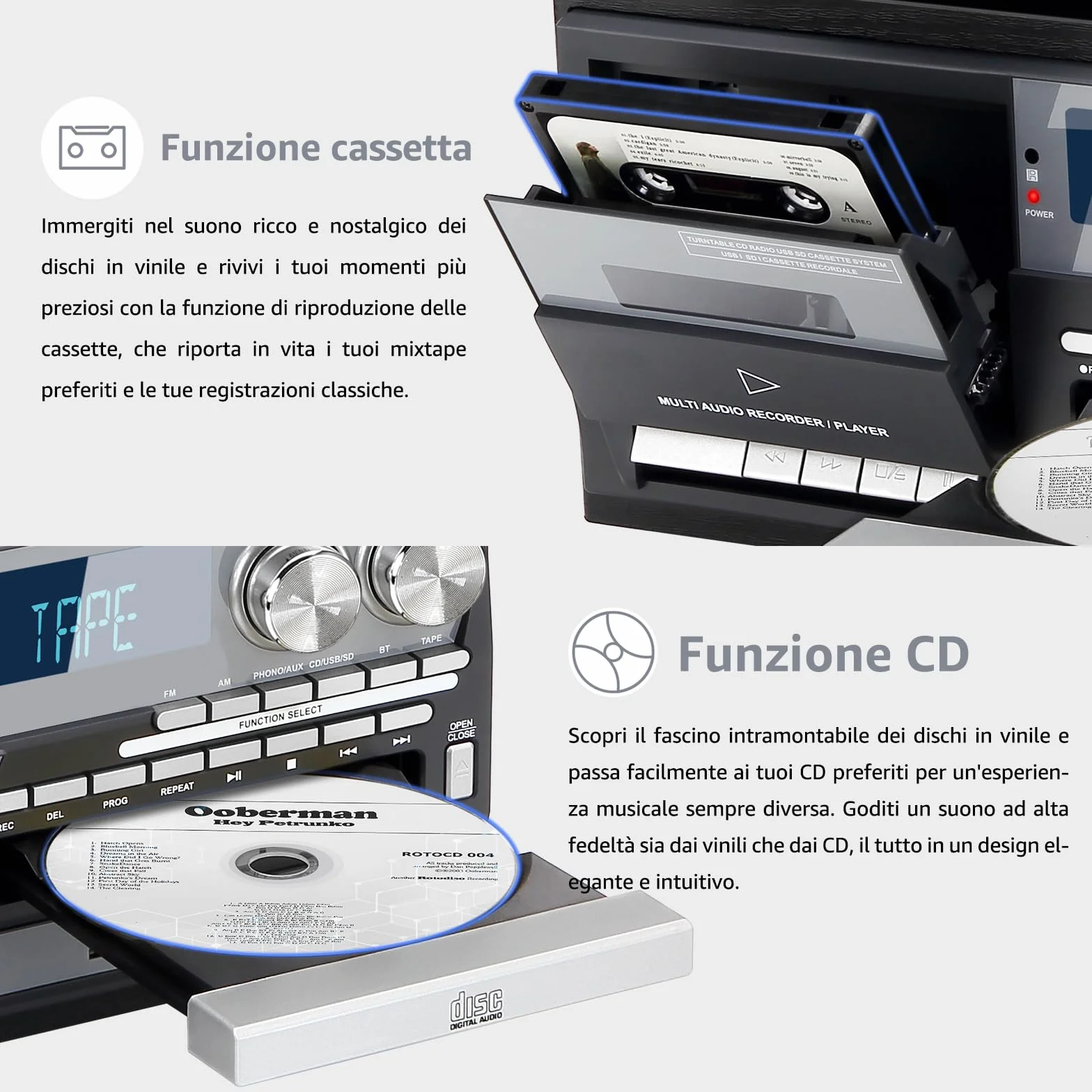 Giradischi Vintage 9 in 1 con Bluetooth, 3 Velocità, Lettore CD e Cassette, Radio AM/FM