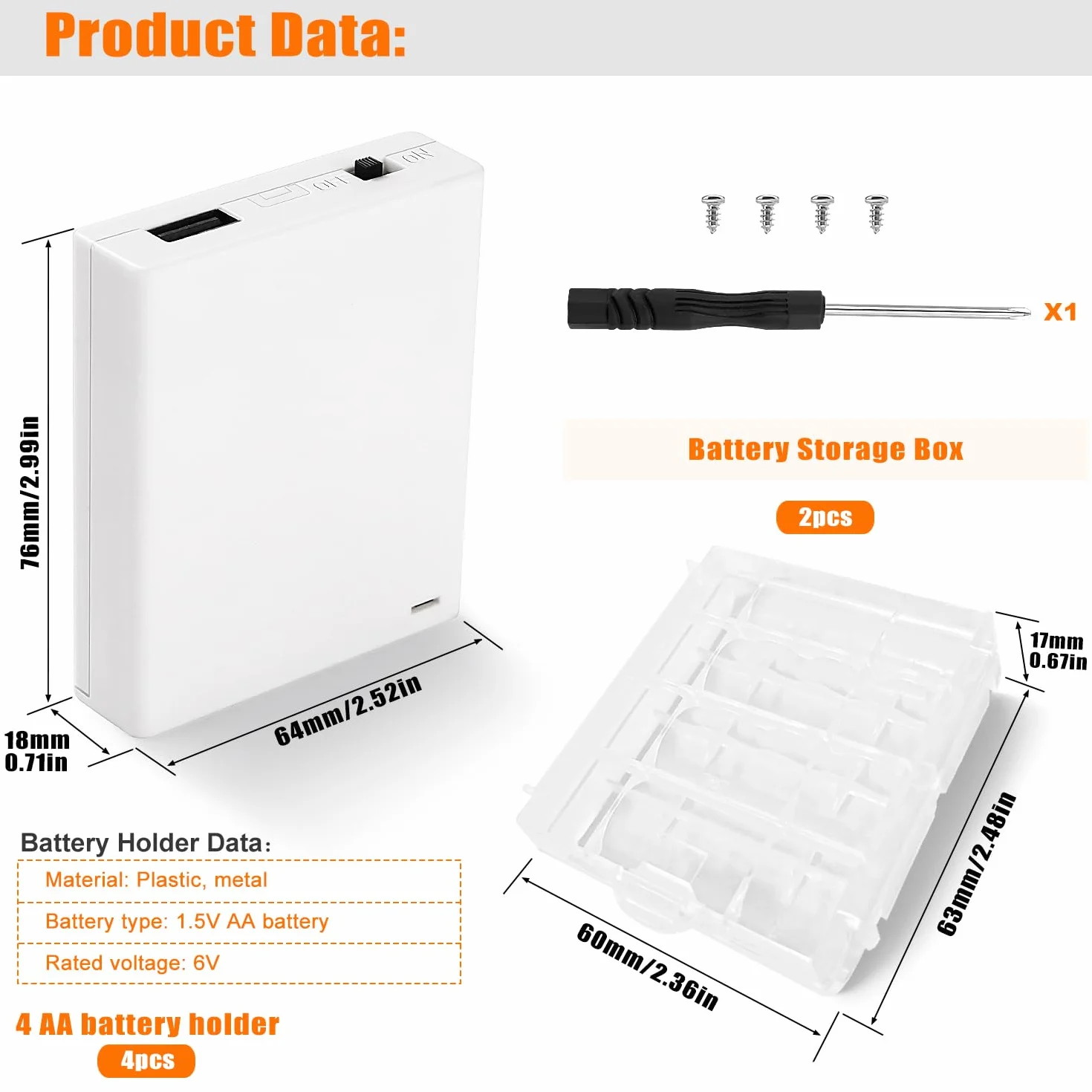 Portabatteria 6V 4x1.5V AA Supporto Batteria con USB Femmina Interruttore On/Off Bianco
