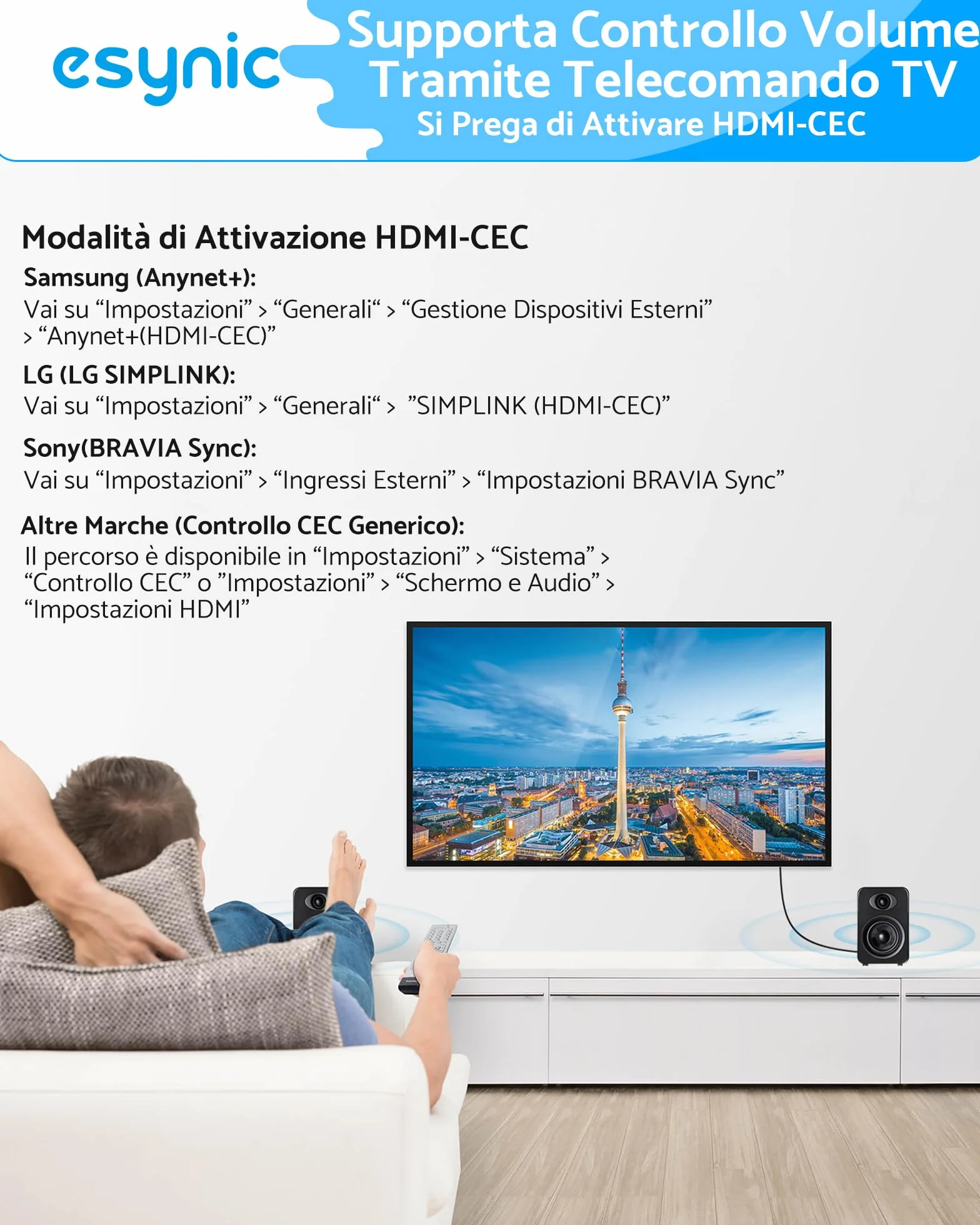 eSynic 192KHz Cavo Convertitore Audio HDMI eARC/ARC a RCA per HDTV Altoparlanti Cuffie, Supporta CEC Telecomando, eARC ARC Audio Extractor con Cavo Integrato 1.5m, Uscita L/R PCM 2CH