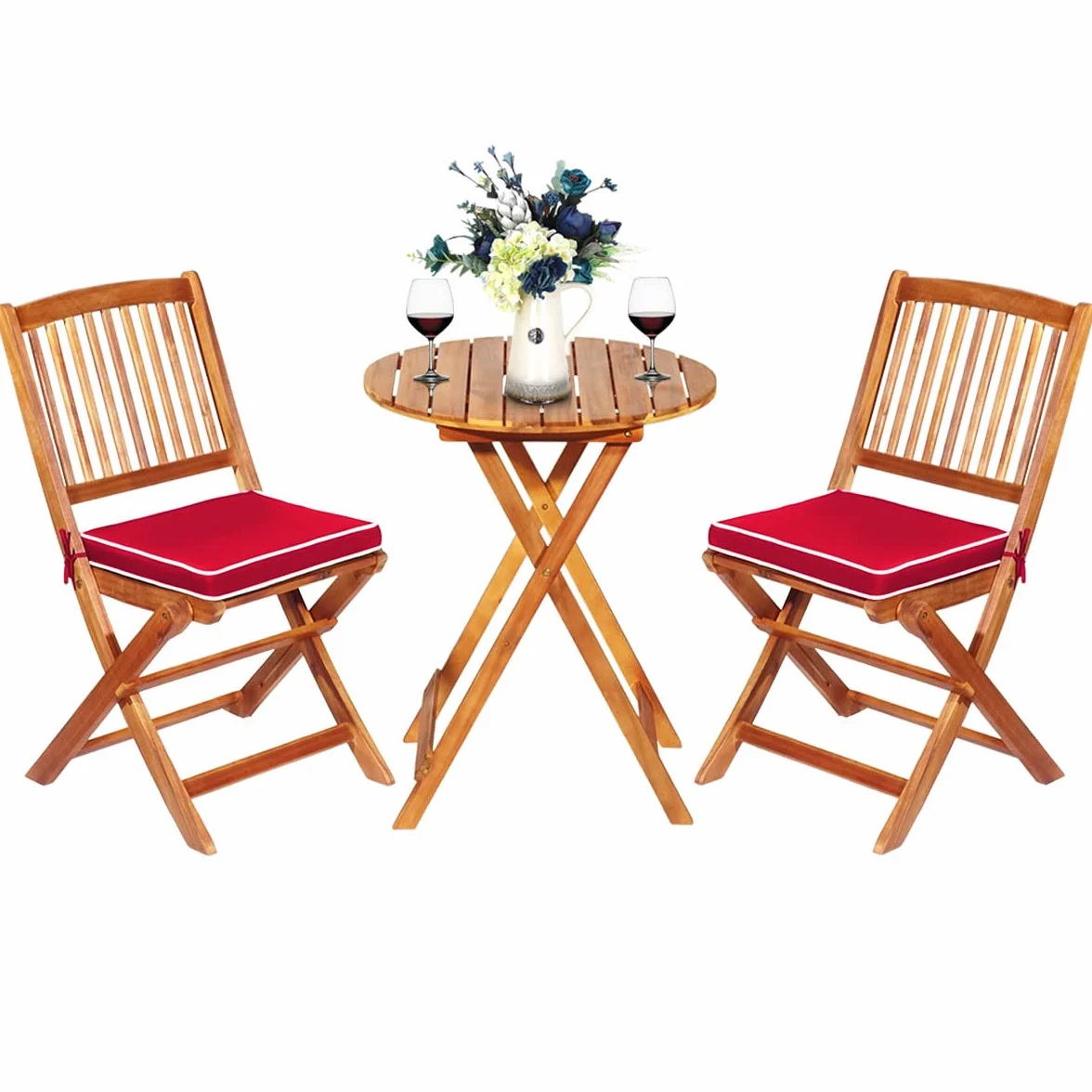 COSTWAY Set Tavolino e Sedie da Girdino Pieghevole, Set da Bistro 3 Pezzi in Legno di Acacia, con Cuscino, Set di Mobili da Esterno, Tavolino Portato 80kg, Sedie Portate 160kg (Cuscino Rosso)
