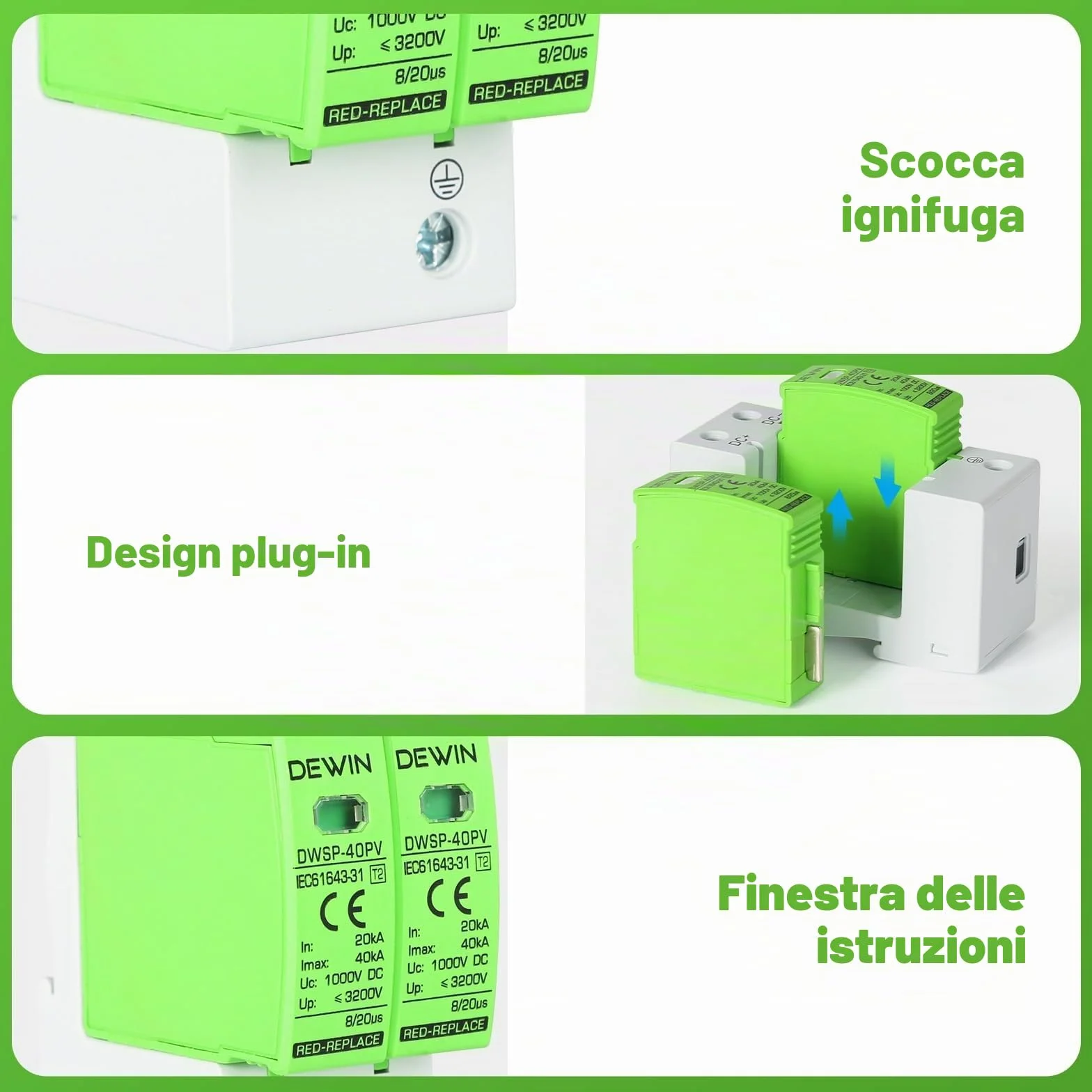 DEWIN Scaricatore di Sovratensione 2P 40KA DC 1000V Fotovoltaico Protezione Fulmini
