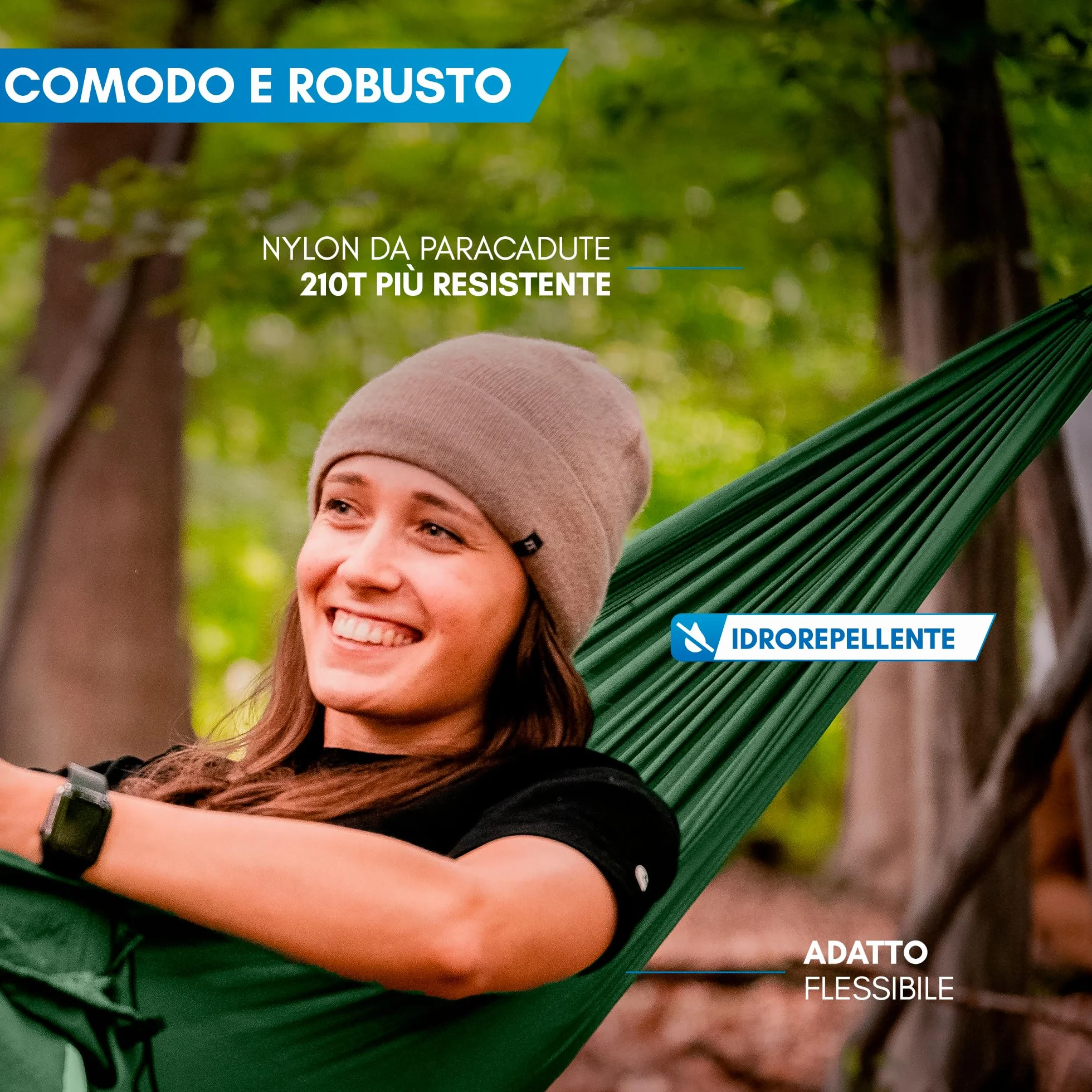 NORDMUT Amaca Ultralight Outdoor Set di Fissaggio – Amaca da Campeggio con Protezione Alberi – Portata 300 kg Verde 140x275 cm