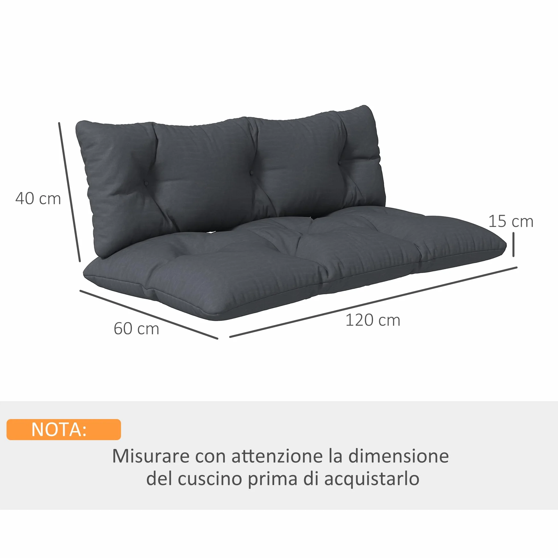 Outsunny Set 2 Pezzi Cuscini per Pallet per Schienale e Seduta con Imbottitura Spessa, Cuscini per Divano in Poliestere, per Interno ed Esterno, 120x60 cm, Grigio Carbone