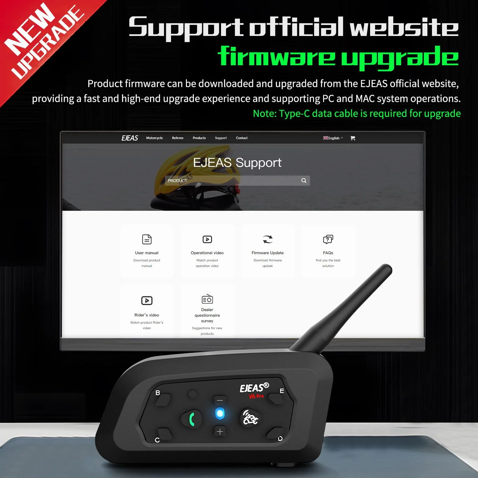 EJEAS V6 Pro+ Interfono Bluetooth per Casco Moto, Sistema di Comunicazione Bluetooth 5.1, Interfaccia Tipo C, 2 Confezione