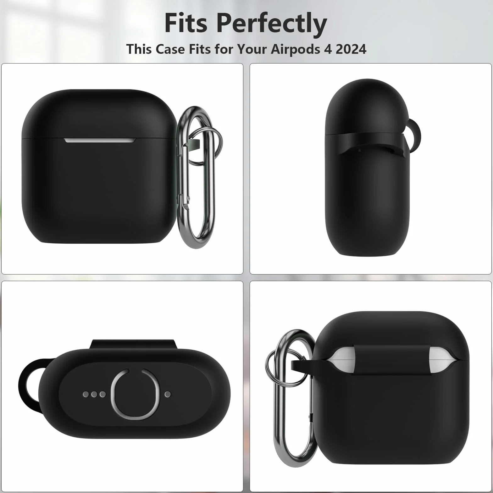 Custodia Case Compatibile con AirPods 4 2024, Cover Protettiva in Morbido Silicone per AirPods 4ª Generazione con Moschettone, LED Visibile, Nero