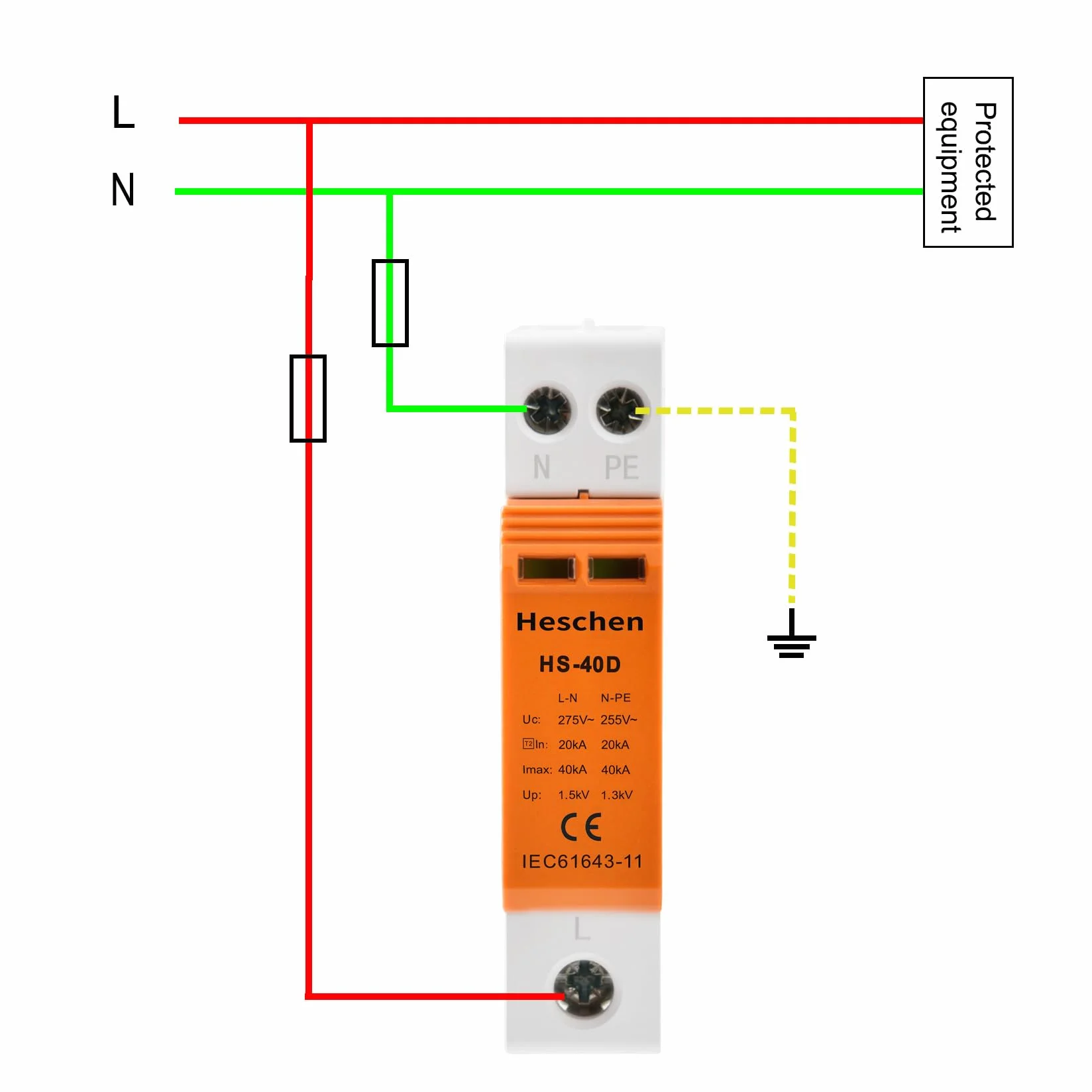 Heschen HS-40D SPD Dispositivo di Protezione Sovratensione 275VAC 20KA 1+NPE L-Line Down Ignifugo Guida DIN 35mm