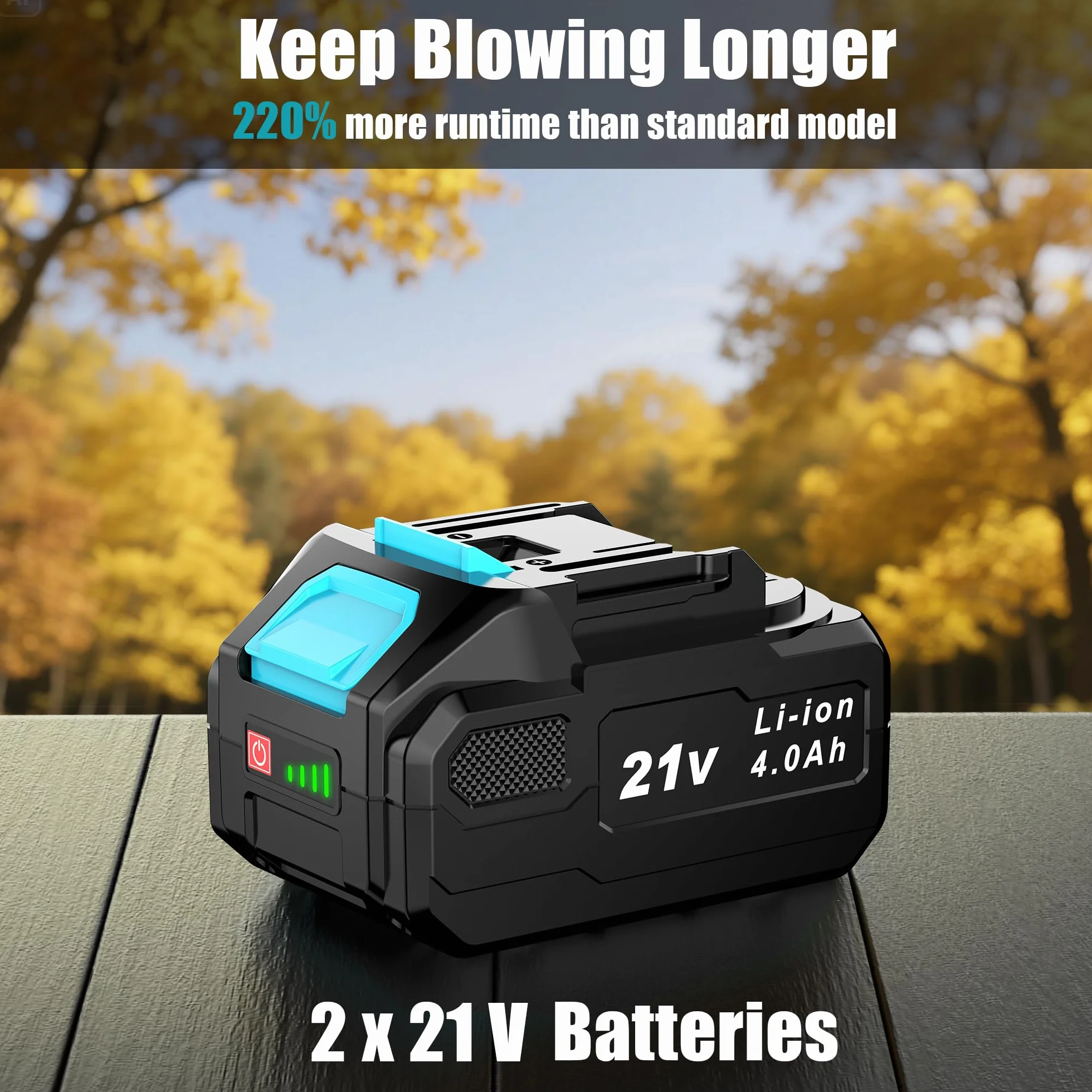 21V Soffiatore a Batteria, Soffiatore Foglie con 2 Batteria 4,0Ah, 3 Impostazioni di Velocità, 2 Tubi di Soffiaggio Staccabili, Cintura per Fango la Pulizia del Giardino