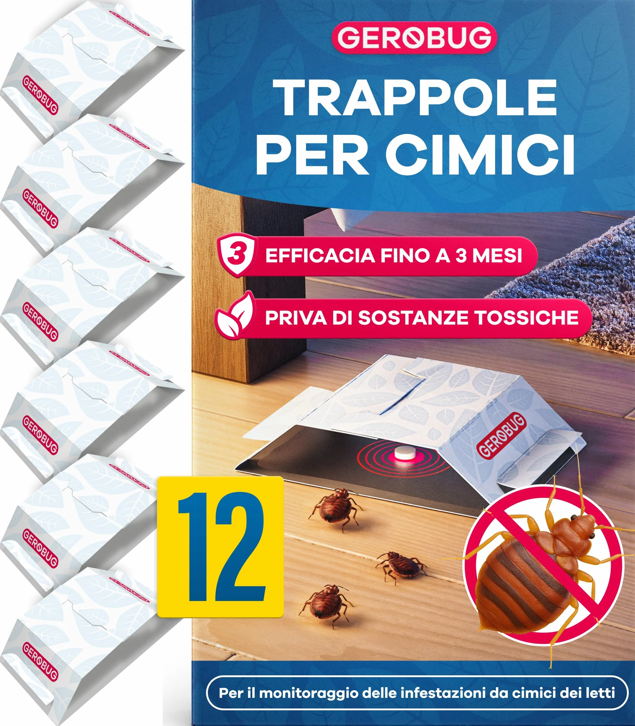 Gerobug Trappola per Cimici da Letto 12 Pezzi - Efficaci Trappole Adesive con Forte Attrattivo per la Rilevazione Precoce delle Cimici da Letto - Monitoraggio senza Sostanze Chimiche & Immediatamente