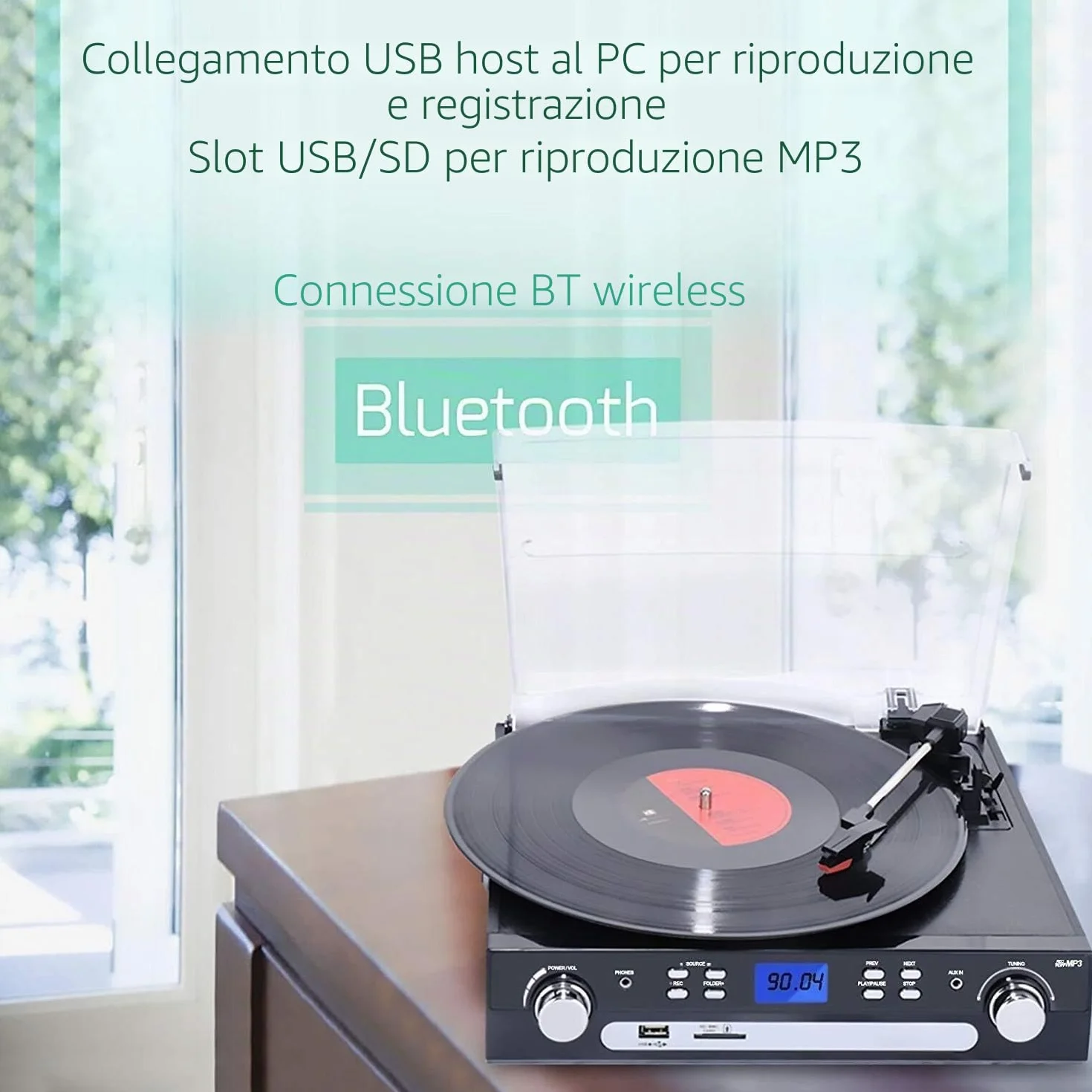 Altoparlante Stereo Bluetooth con Spina per Dischi in Vinile Digitnow, Radio a Tre Vie AM/FM, USB MP3
