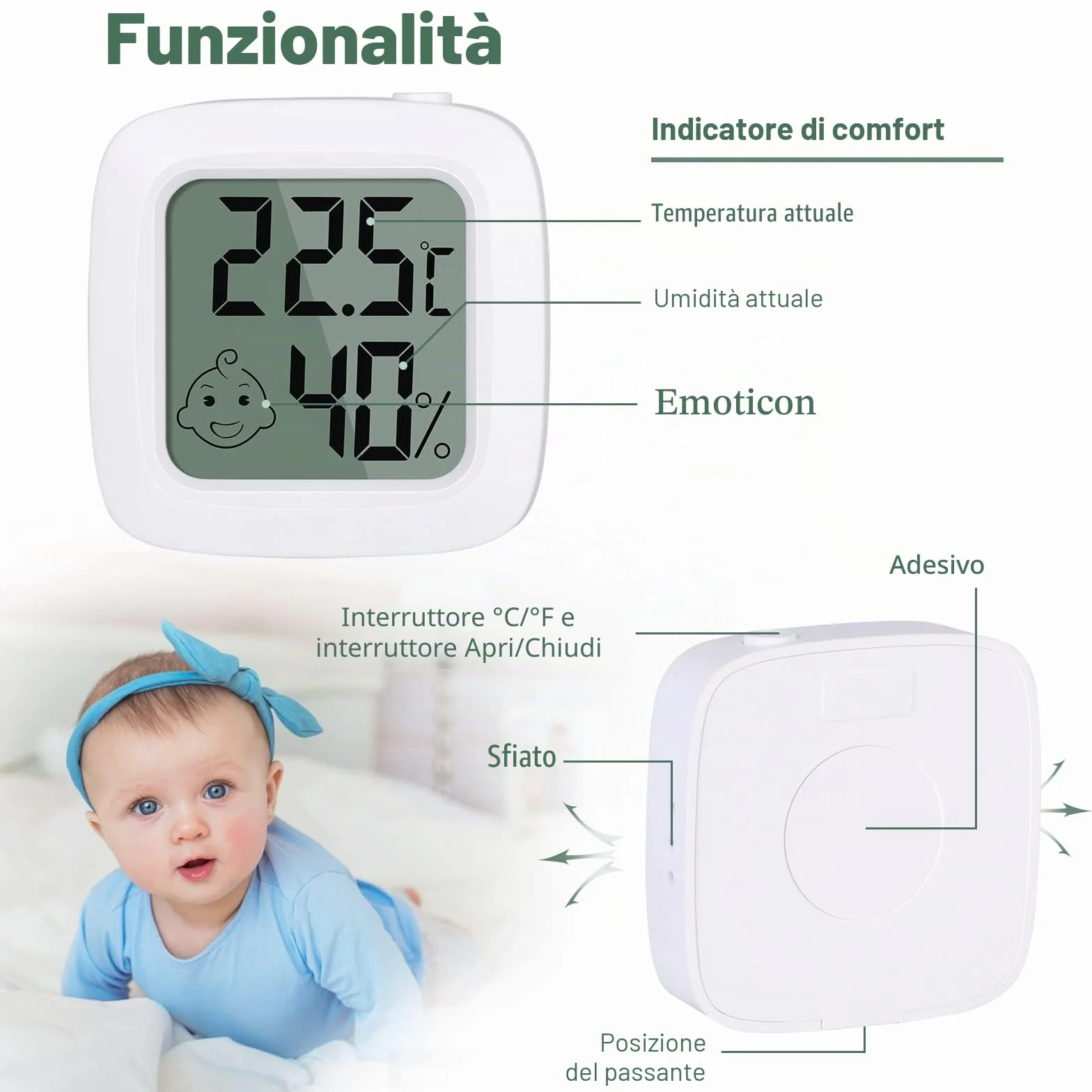 Vinabo Termometro Igrometro Digitale Interno 2 Pezzi, Alta Precisione con Indicatore Comfort
