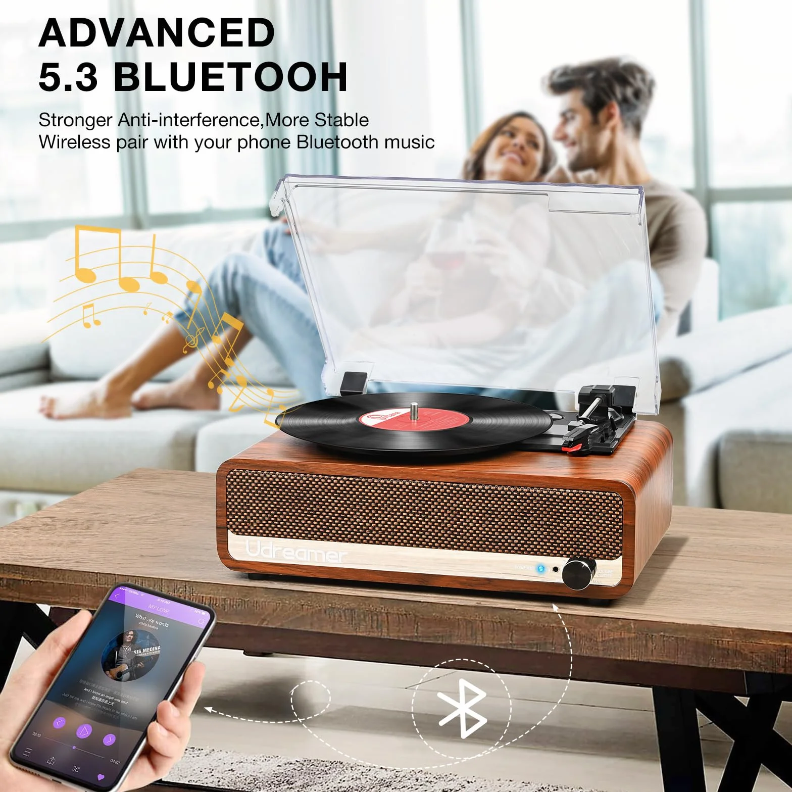 Udreamer Giradischi Bluetooth con Altoparlante, USB, AUX-in, Cuffie, RCA, Line-Out, 3 Velocità, Cinghia, Auto-Stop, Design Specchio, Arancione Giallo