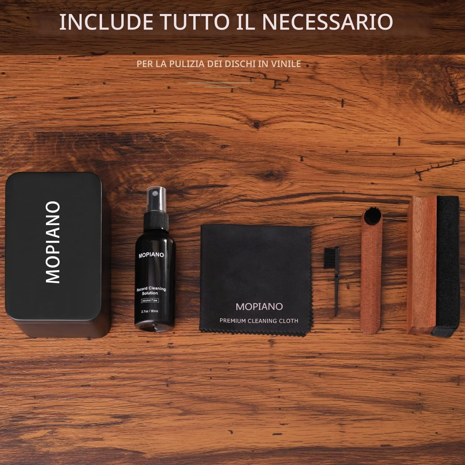 Mopiano Kit di pulizia per dischi in vinile 6-in-1 con spazzola in velluto e liquido LP