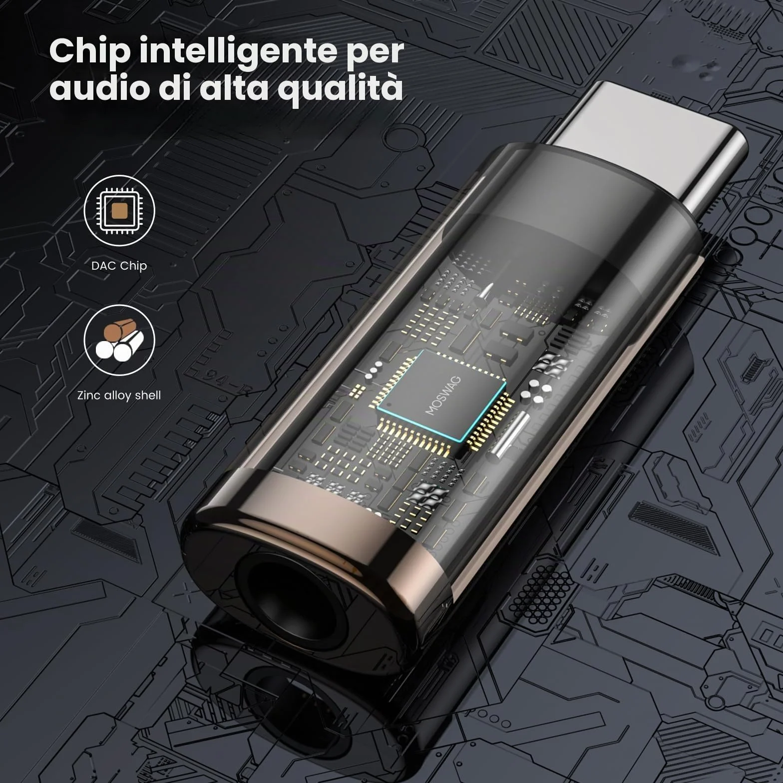 MOSWAG Adattatore USB C Jack con DAC Integrato, da USB C a 3,5 mm in Lega di Zinco