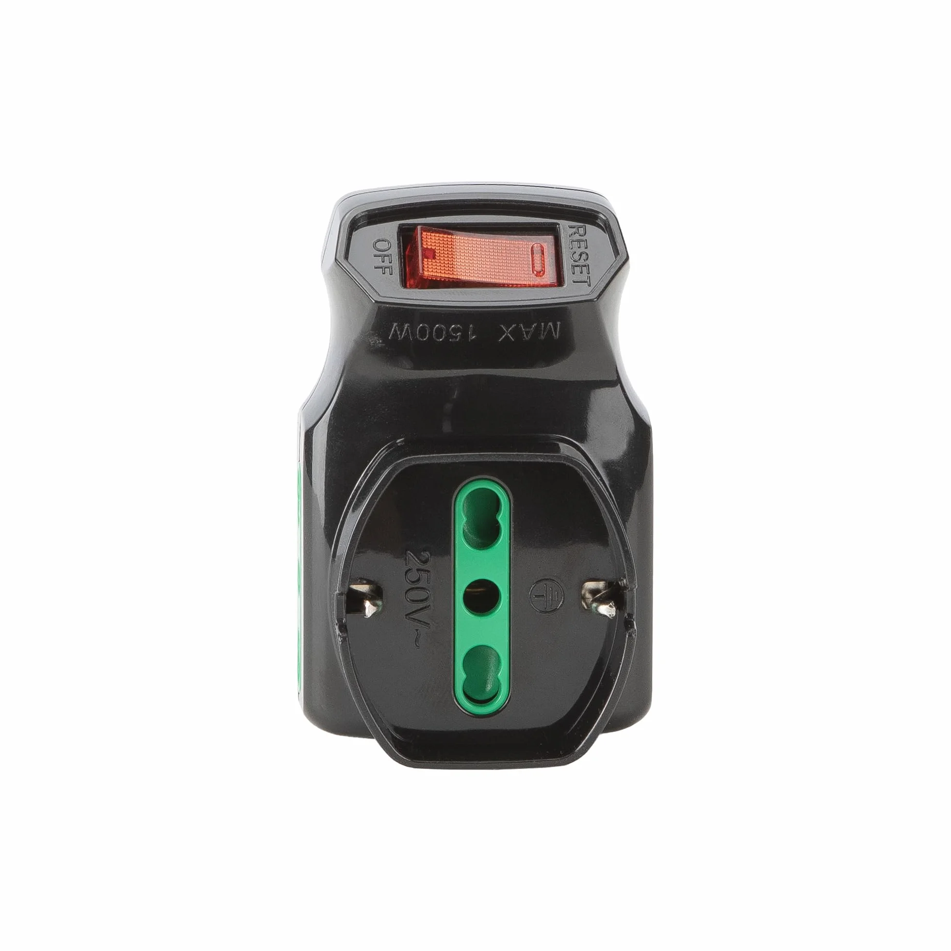 FANTON Adattatore triplo spina piccola 10A 2 prese bipasso 16A 1 presa bipasso italo/tedesca schuko con interruttore protezione sovraccarico NERO