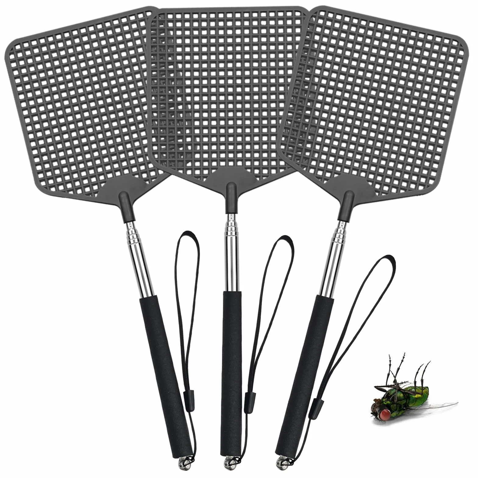 3 Pezzi Scacciamosche quadrato,Estensibile Paletta Mosche,Portatile Scacciamosche,Estensibile Scacciamosches,Scacciamosche Forte Flessibile,per Prevenire Mosche,Zanzare,Nero