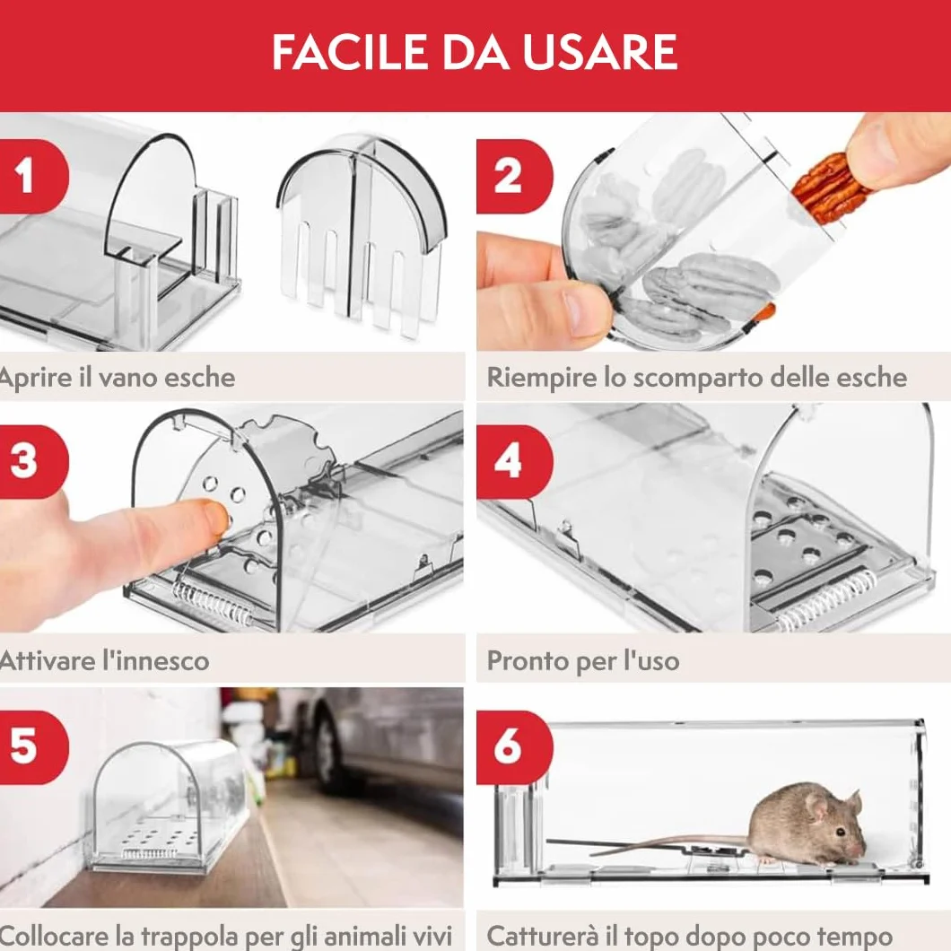 PATTLER® Trappola per Topi Vivi - Trappole per topi da Esterno e Interno - Trappole topi utilizzabili con esche per topi di vario genere - Trappola per Topi Grandi e Piccoli topi - Transparente 1 Pz