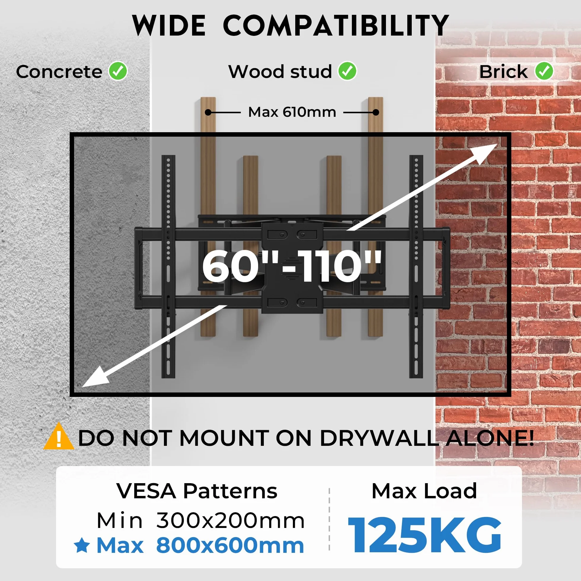 BONTEC Supporto TV Parete Full Motion 60-110 Pollici, VESA 800x600 Mm, 125 Kg