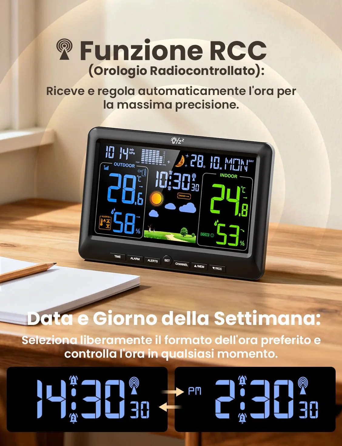 LIORQUE Stazione Meteo con Sensore Esterno Display a Colori Fase Lunare Previsioni Meteo Data Retroilluminazione Regolabile Igrometro Barometrico Sveglia