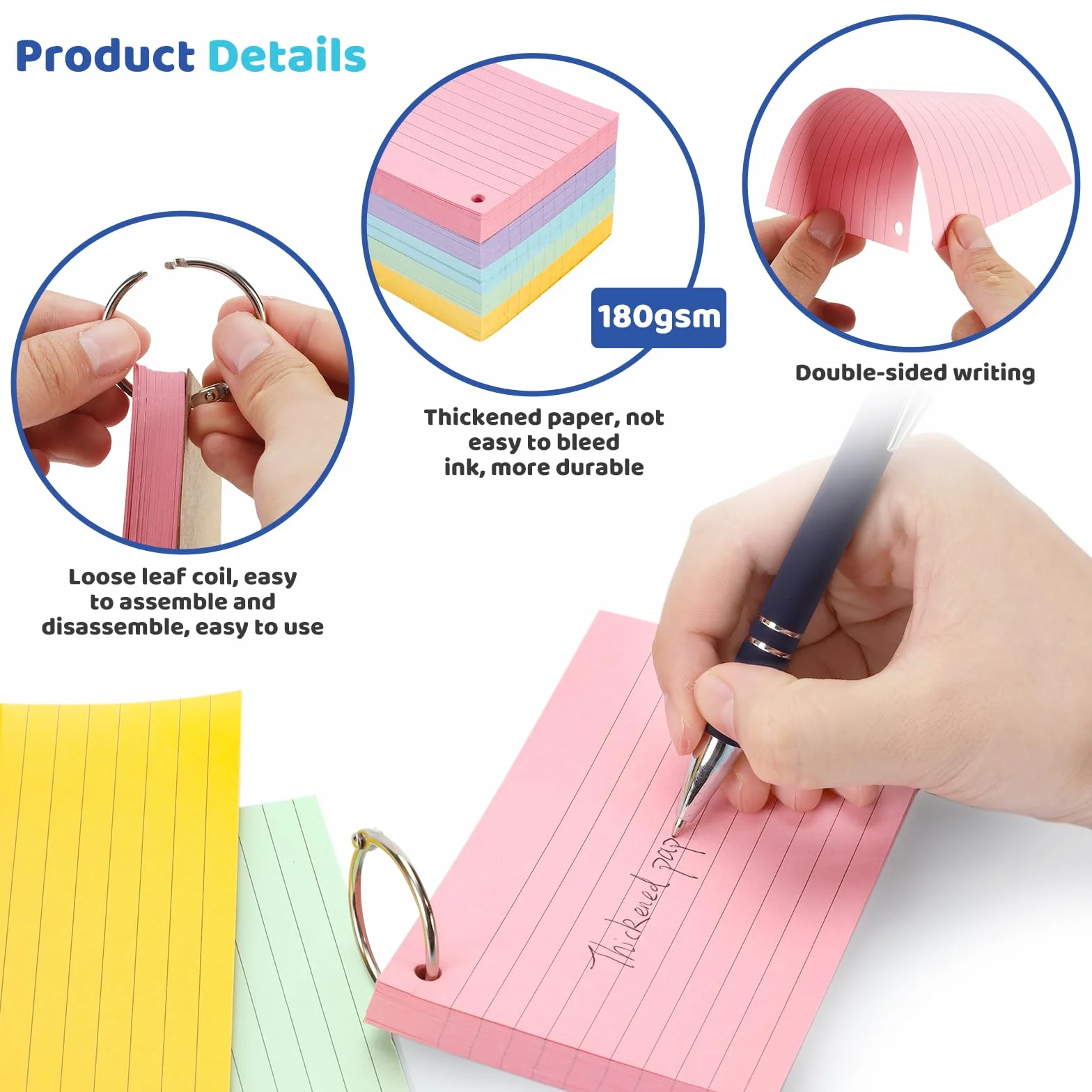 250 Pcs Flash Card Colorate 13 x 8 cm Scheda Indice con Raccoglitore ad Anelli per Ufficio e Scuola (5 Colori)