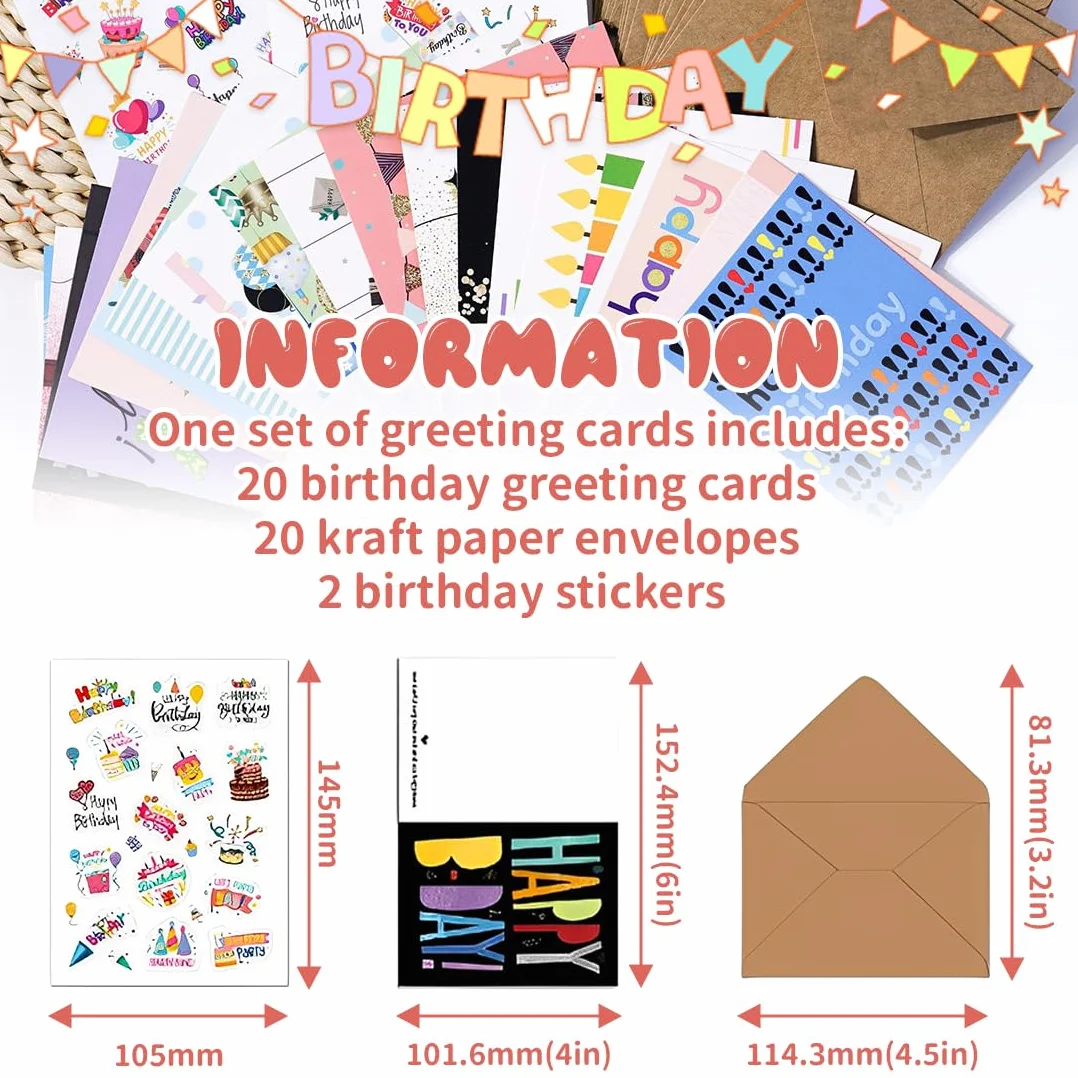 Biglietti Auguri Compleanno 20 Pezzi con Busta e Adesivi, Cartoline Compleanno Divertenti per Uomini Donne Bambini