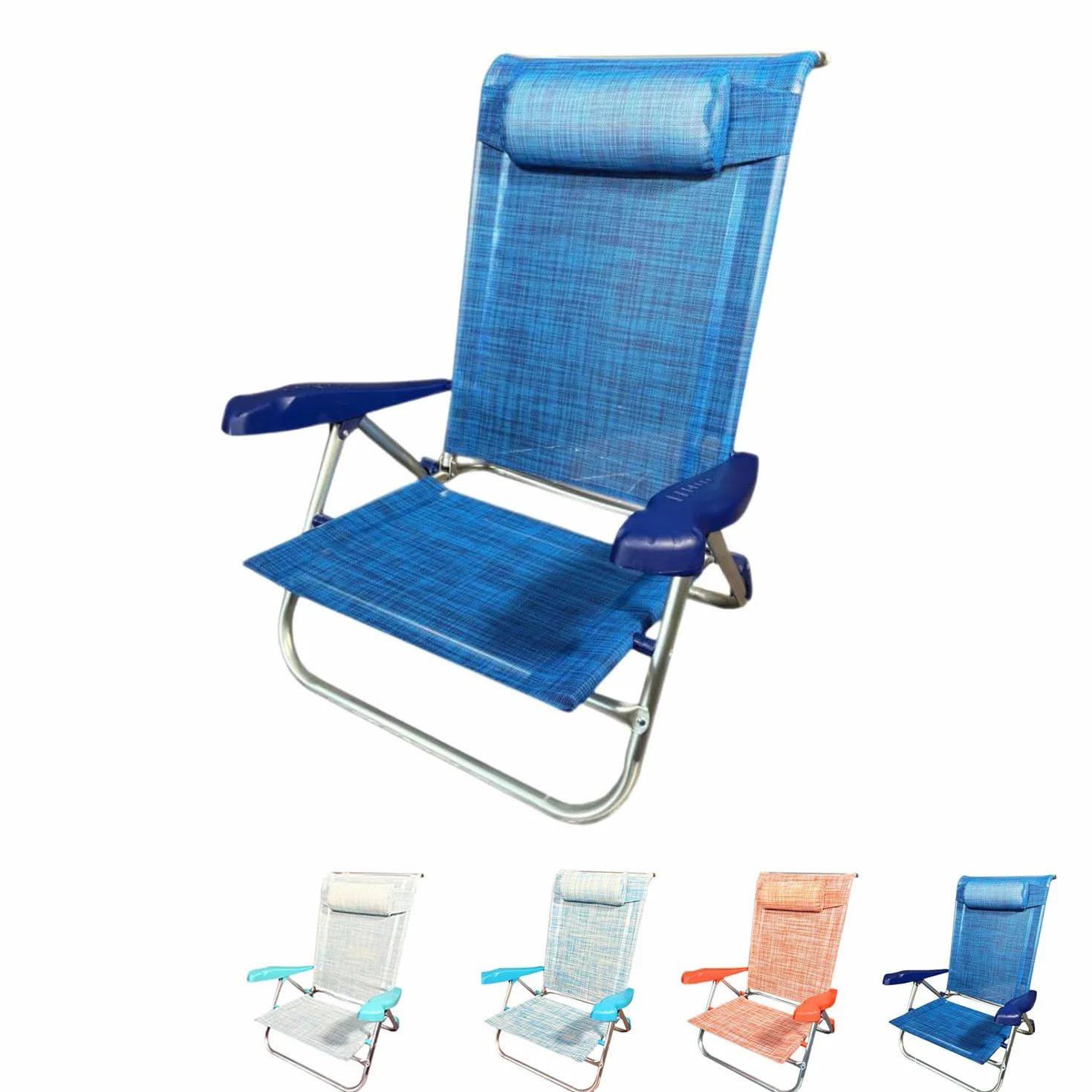 PALUPLUS Spiaggina Pieghevole con Braccioli, Misura 55x46x80 cm, Struttura Alluminio, Reclinabile in 7 Posizioni, Cuscino Poggiatesta, Sedia per Spiaggia, Piscina, Portata 100Kg -1771F (Blu)