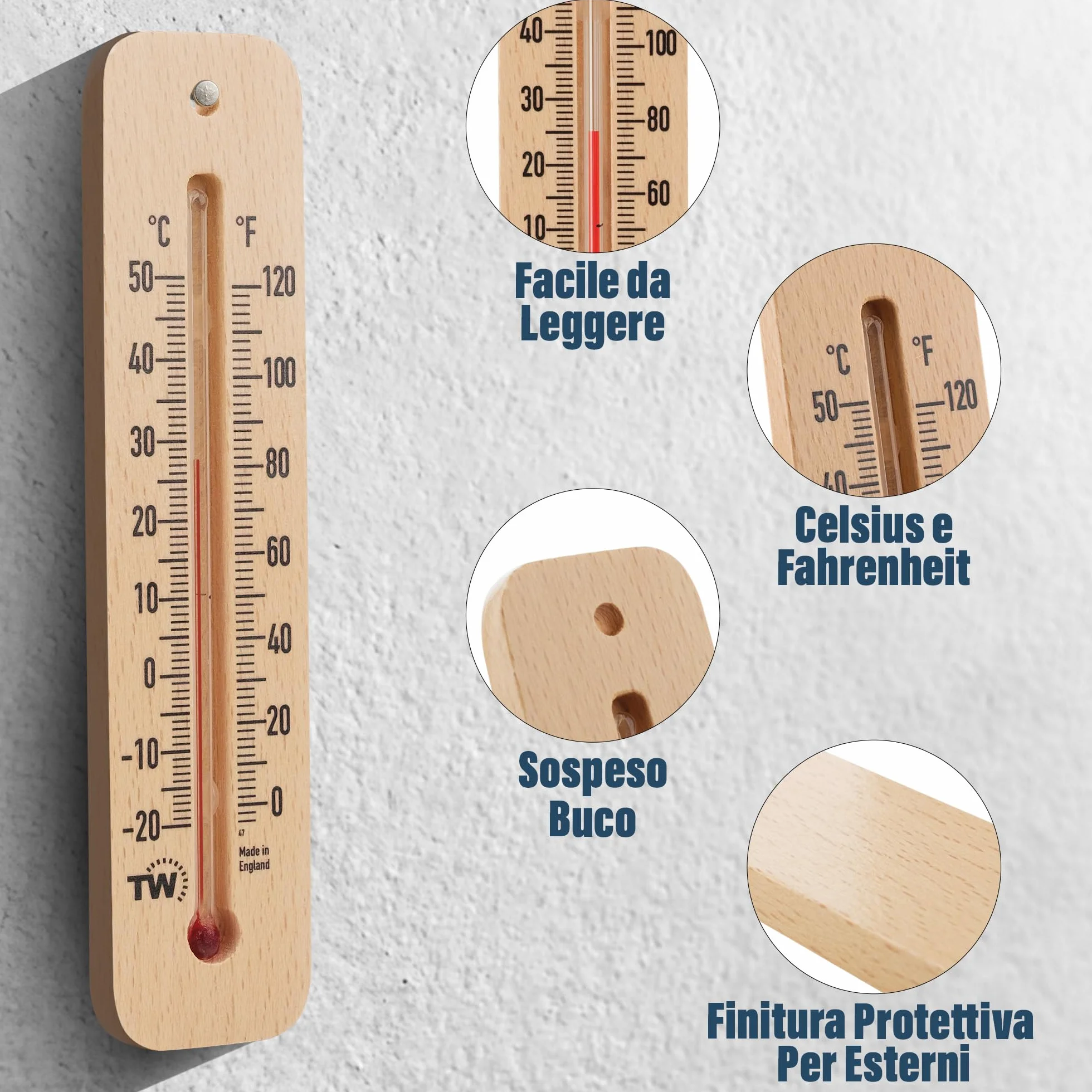 Termometro in legno per temperatura ambiente interno esterno casa ufficio giardino serra garage