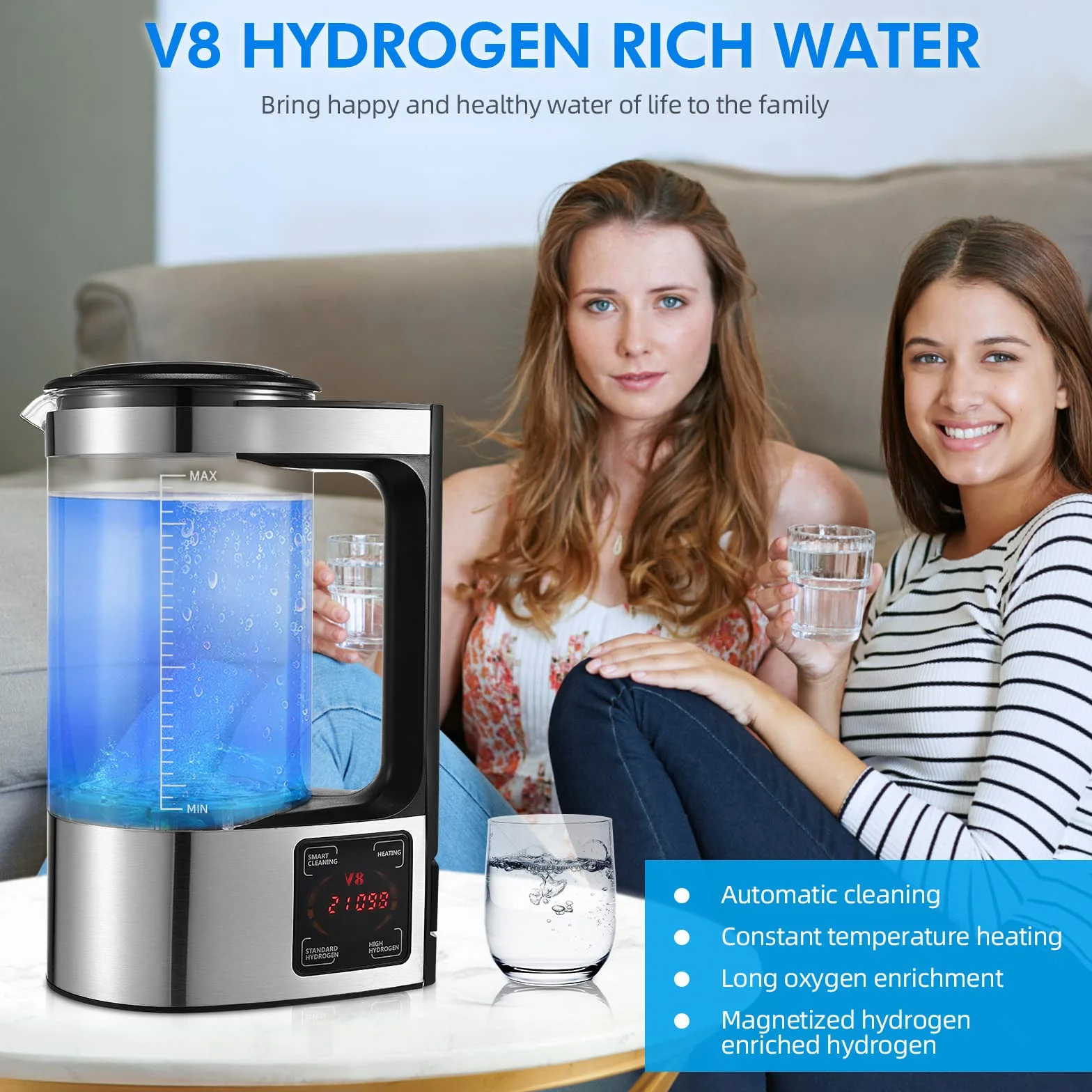 Generatore di acqua a idrogeno 2L con tecnologia SPE e PEM, versione migliorata Generatore di idrogeno ricco di idrogeno con schermo LED touch e termostato Hydrogen Water Lonizer per la casa