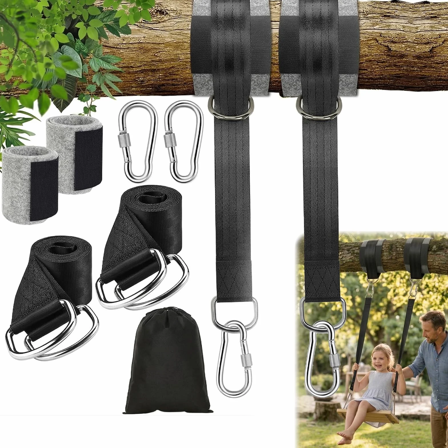 Kit di Montaggio per Altalene e Amache 900 kg Set Completo da 2 Pezzi con Cinghie da 150 cm, Anelli a D, Moschettoni, Protezioni per Alberi e Sacca di Trasporto Uso Universale per Giardino ed Esterni
