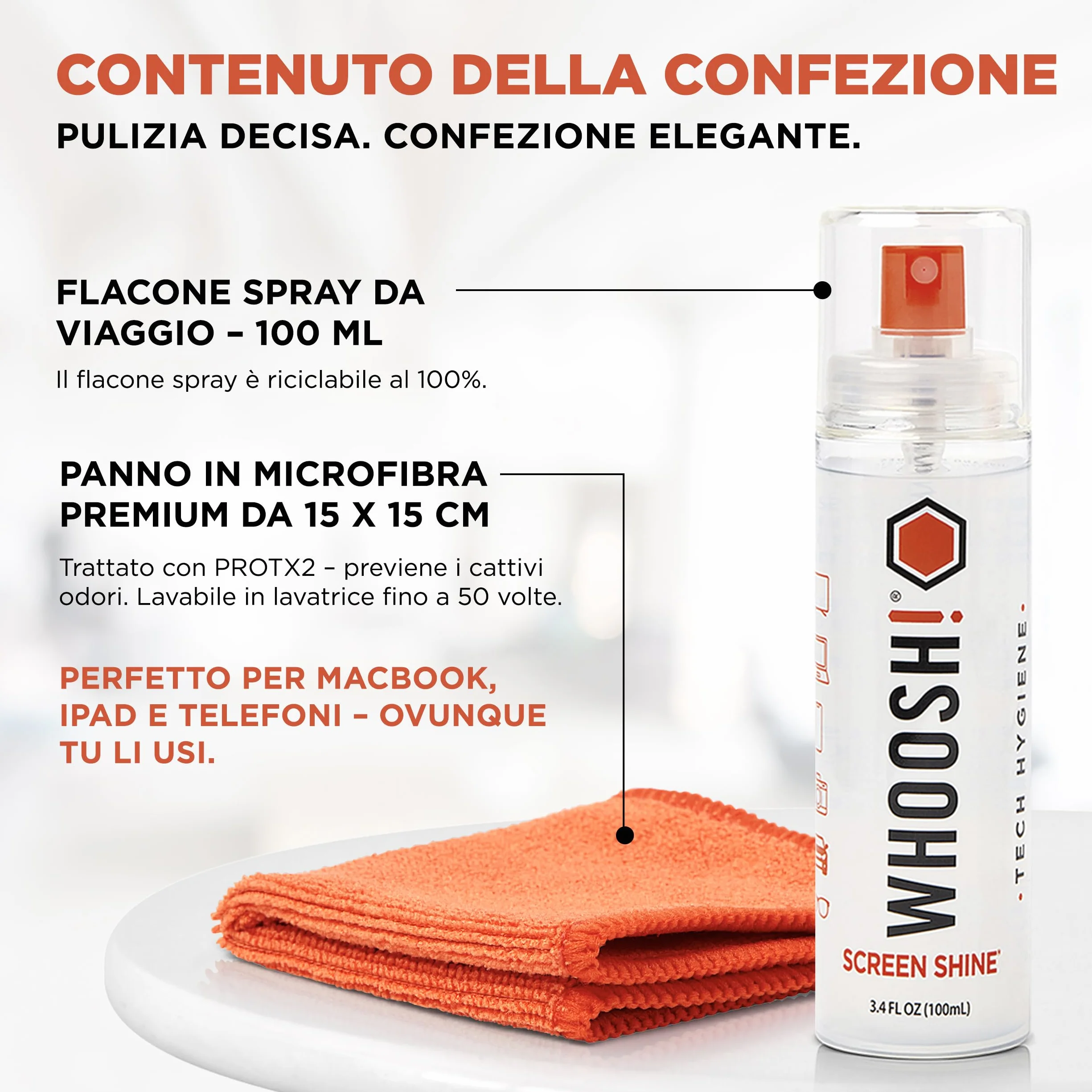 WHOOSH! Screen Shine Go XL Kit Pulizia iPhone 100 Ml Panno Microfibra Pulisci Occhiali MacBook Smartphone