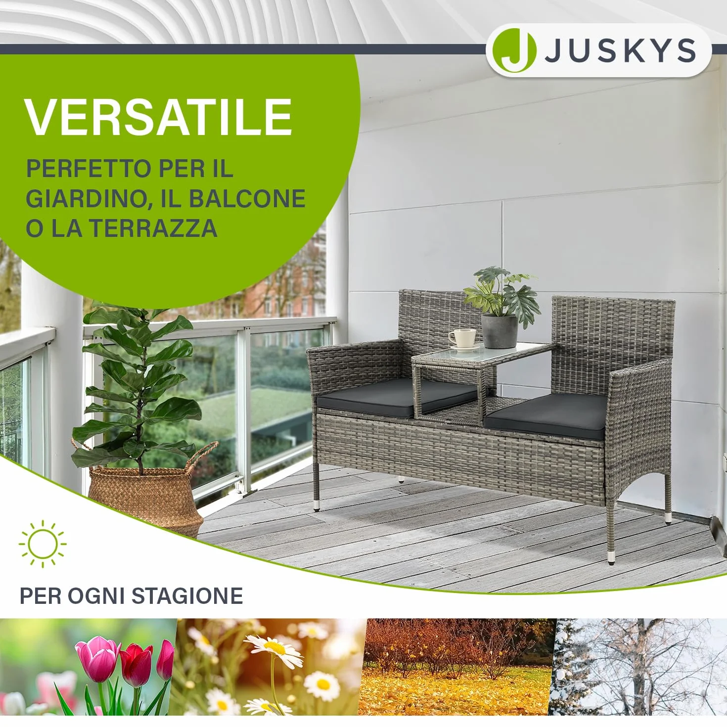 Juskys panca da giardino Monaco in polyrattan – 2 posti con tavolo e cuscini – 133×63×84 cm – resistente alle intemperie per balcone e terrazza – grigio melange