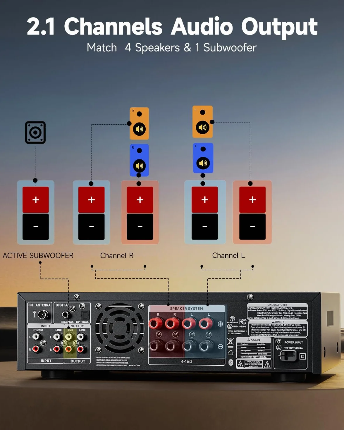 Donner Amplificatore Stereo 2 Canali 600W Picco Bluetooth 5.3 Phono Ottico Coassiale USB FM MAMP2