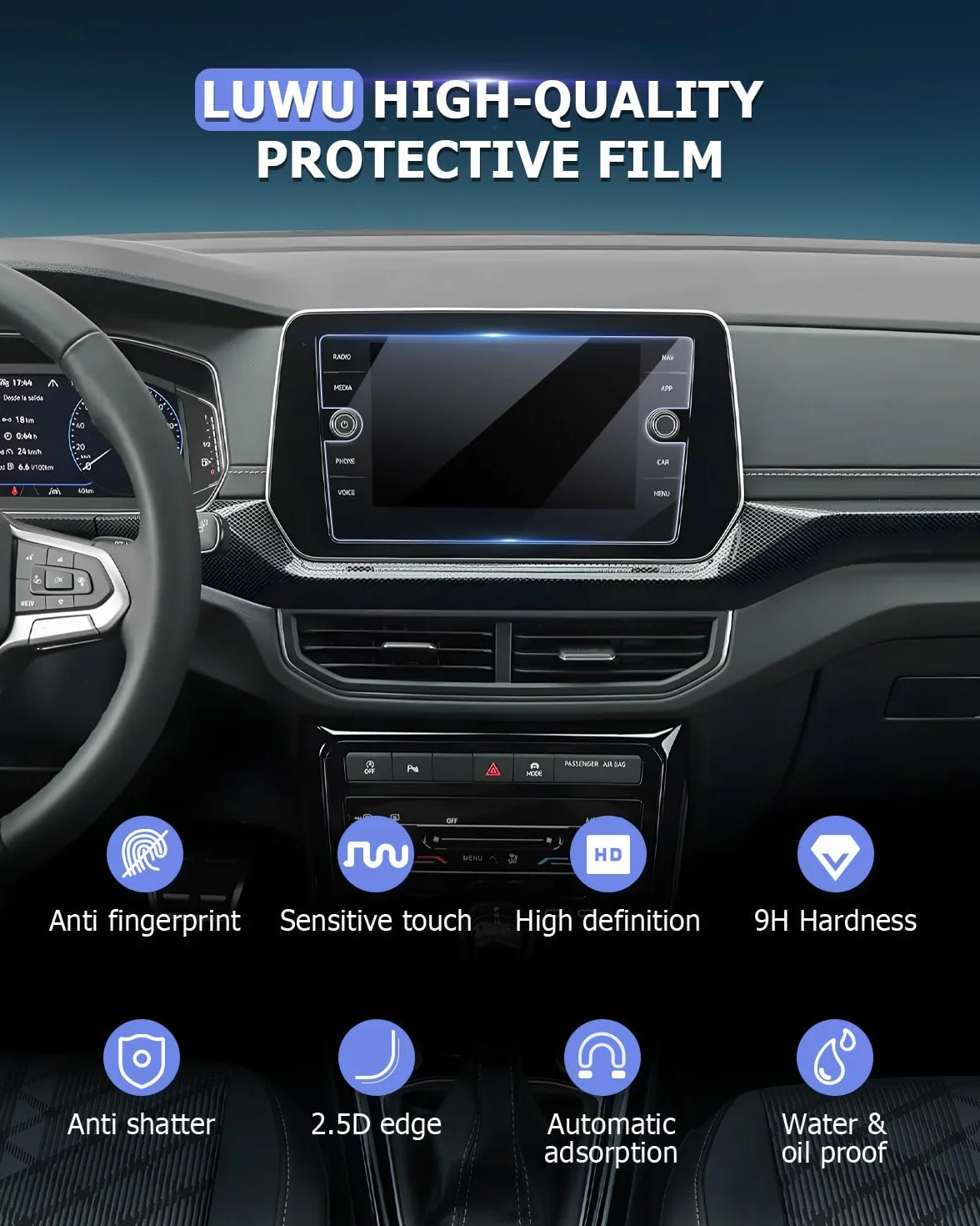Pellicola Protettiva Vetro Temperato 9H 8 Pollici per VW T-Cross 2019-2025 Antigraffio