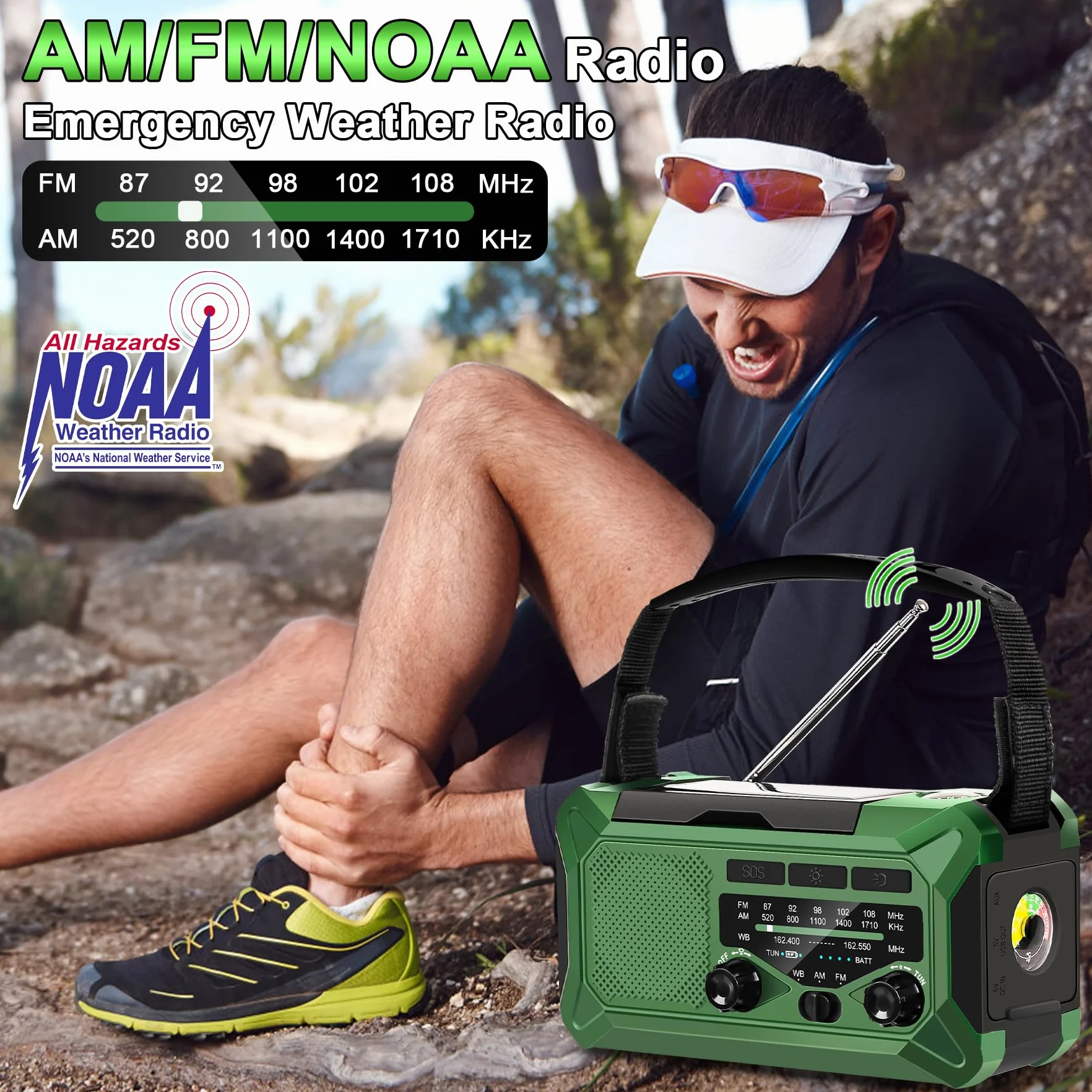 Radio meteorologica di emergenza 10000 mAh 37000 mWh NOAA/AM/FM solare a manovella con torcia, caricatore telefono, bussola, lampada da lettura
