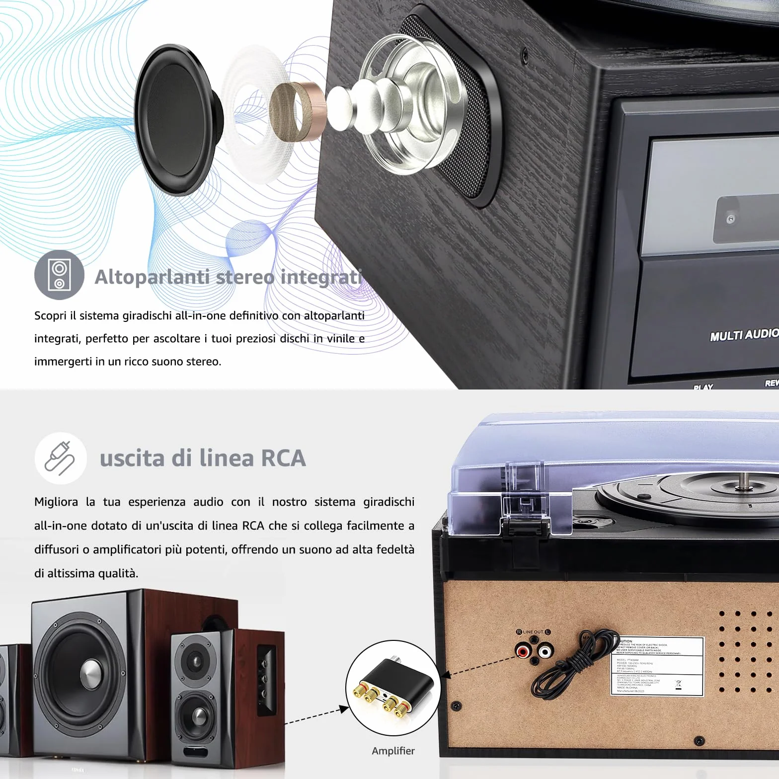 Giradischi Vintage 9 in 1 con Bluetooth, 3 Velocità, Lettore CD e Cassette, Radio AM/FM