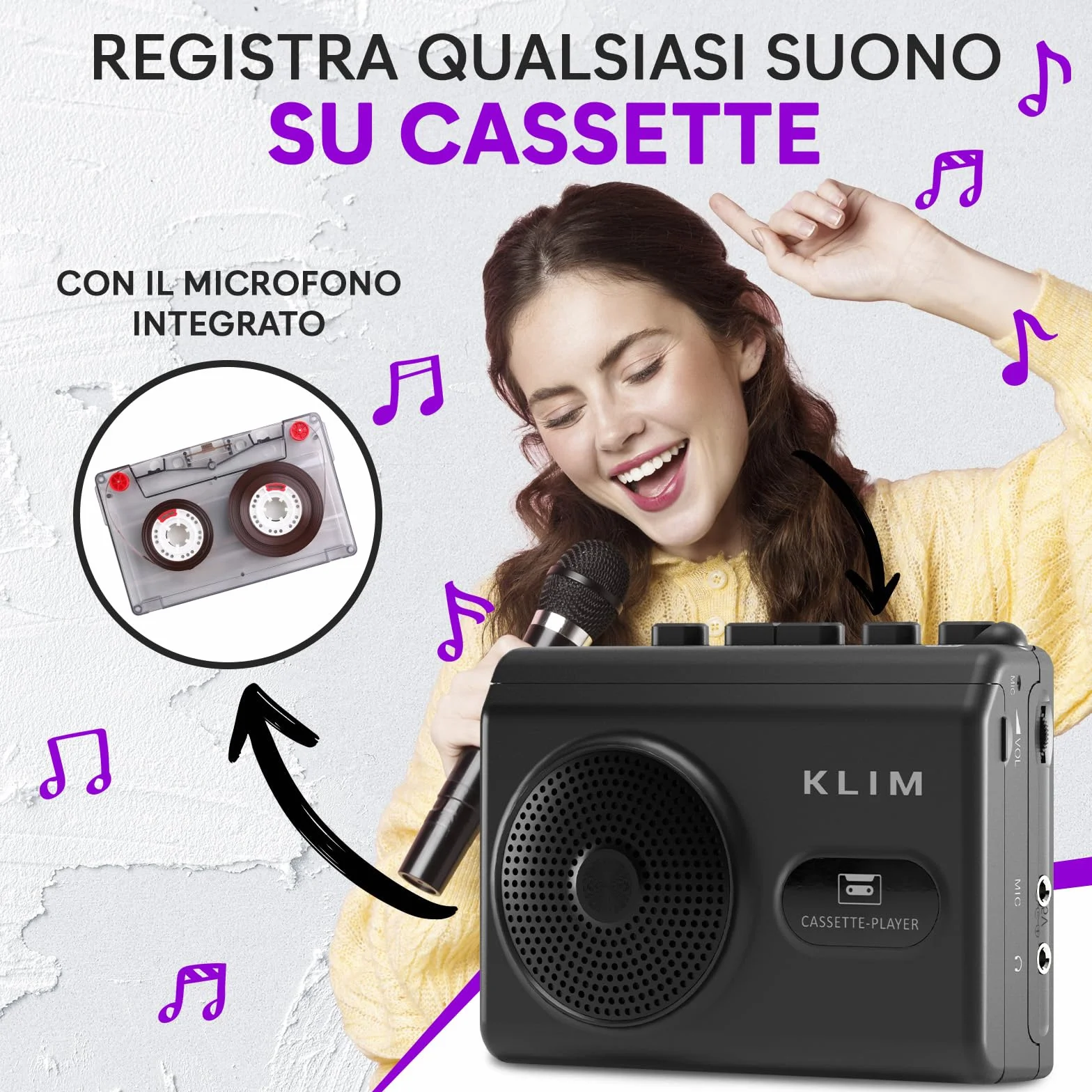 Lettore Cassette Audio e Registratore Cassette KLIM K9 Portatile con Altoparlante Integrato e Microfono