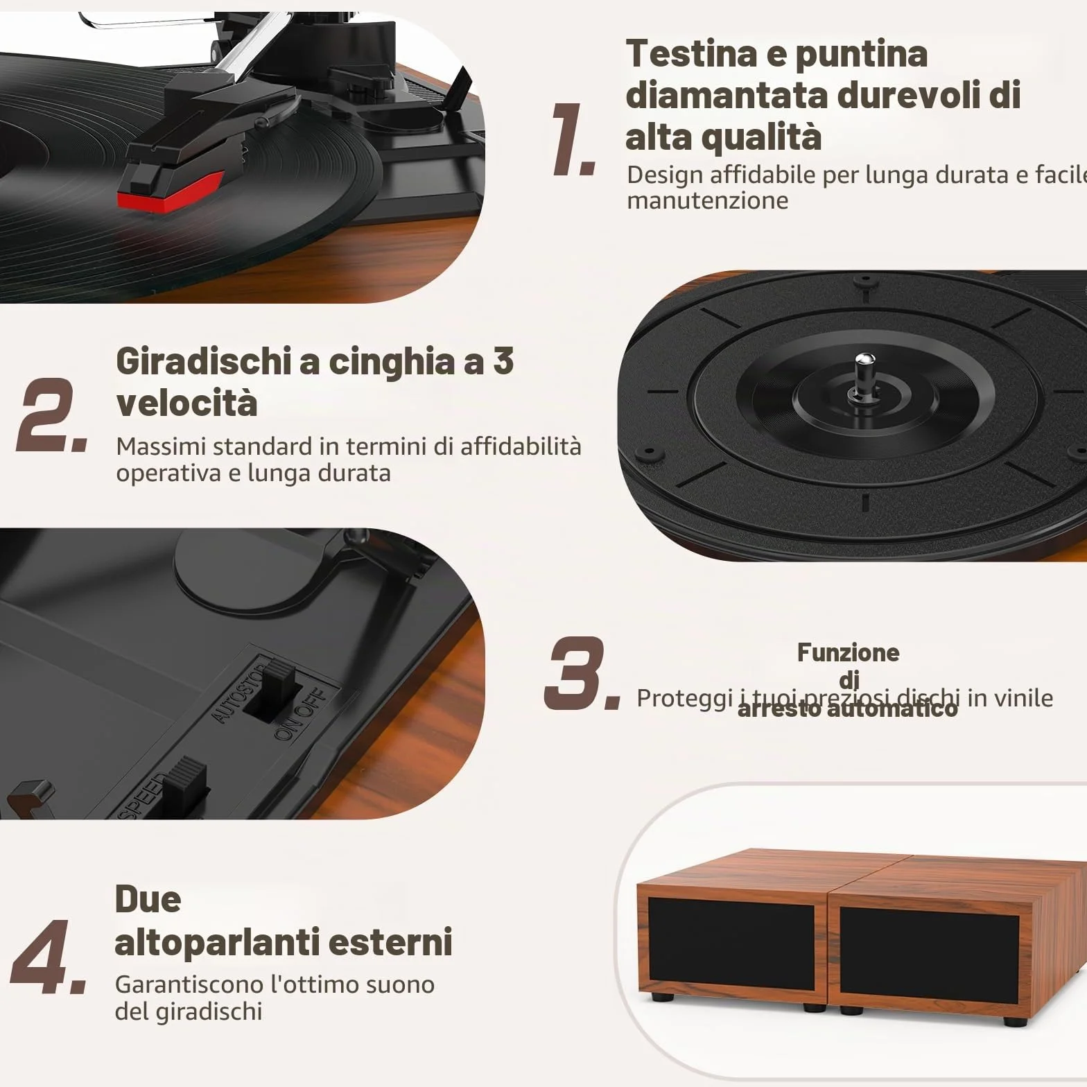 Udreamer Giradischi Vintage Bluetooth 5.3 con 2 Altoparlanti Stereo, 3 Velocità, AUX-in, RCA, USB, Marrone