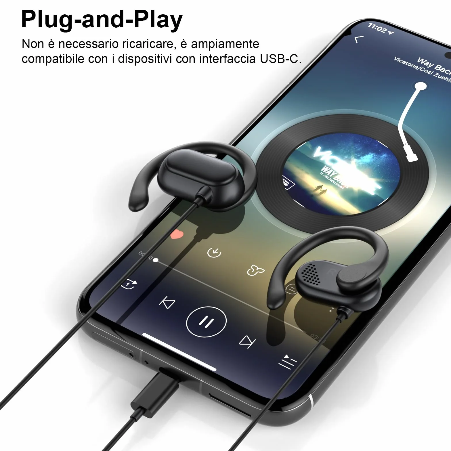 Open Ear Cuffie USB C Sport Gancio Regolabile Microfono Controllo Volume per Samsung Galaxy S26 Ultra S25 S24 S23 A56 A16 A17, iPhone 17 16 15, Pixel 10 9 8 Nero