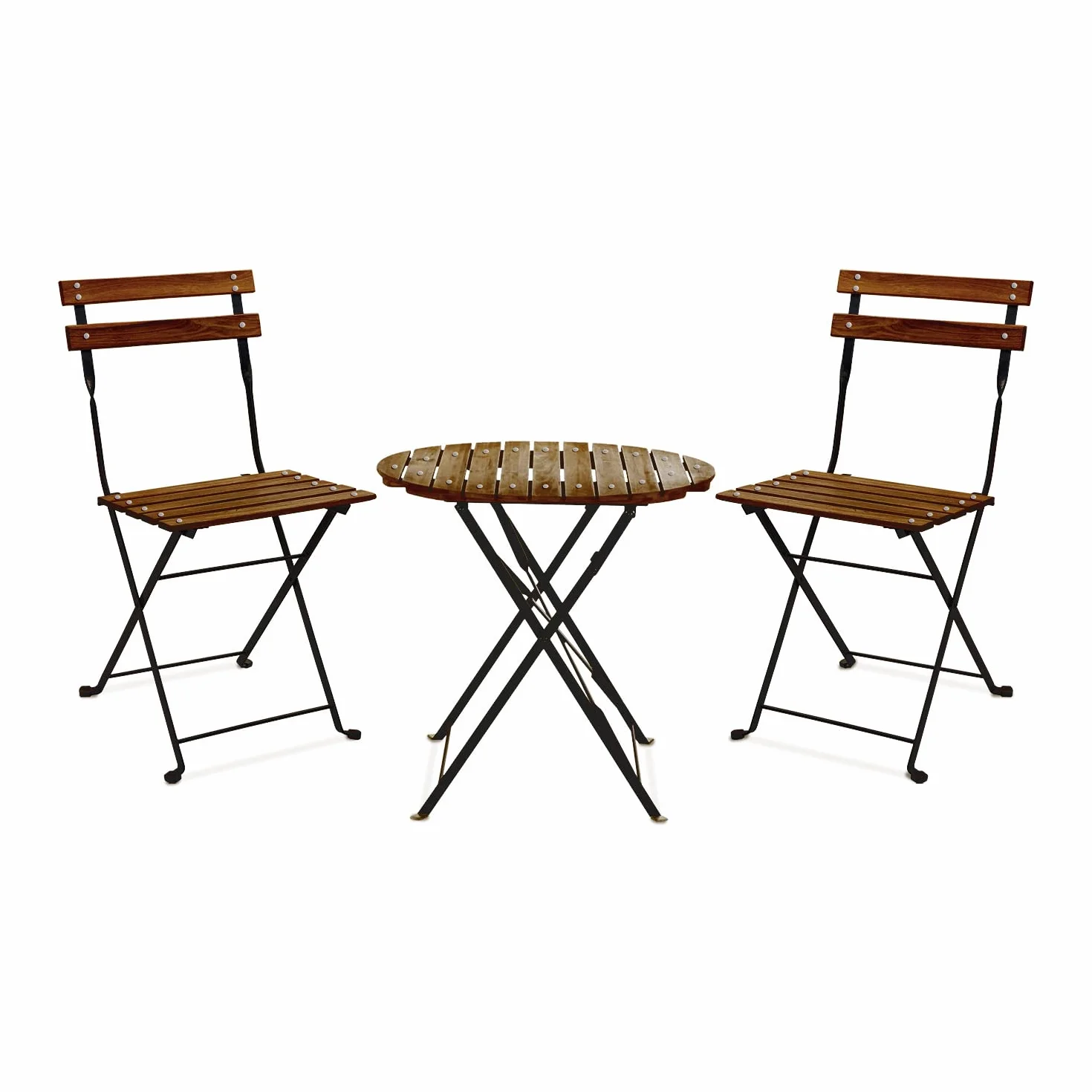 FRANKYSTAR Avolio Bistrò - Set da giardino con tavolino e 2 sedie pieghevoli in acciaio e legno con finitura effetto teak. Bistrot set da esterno in stile retrò