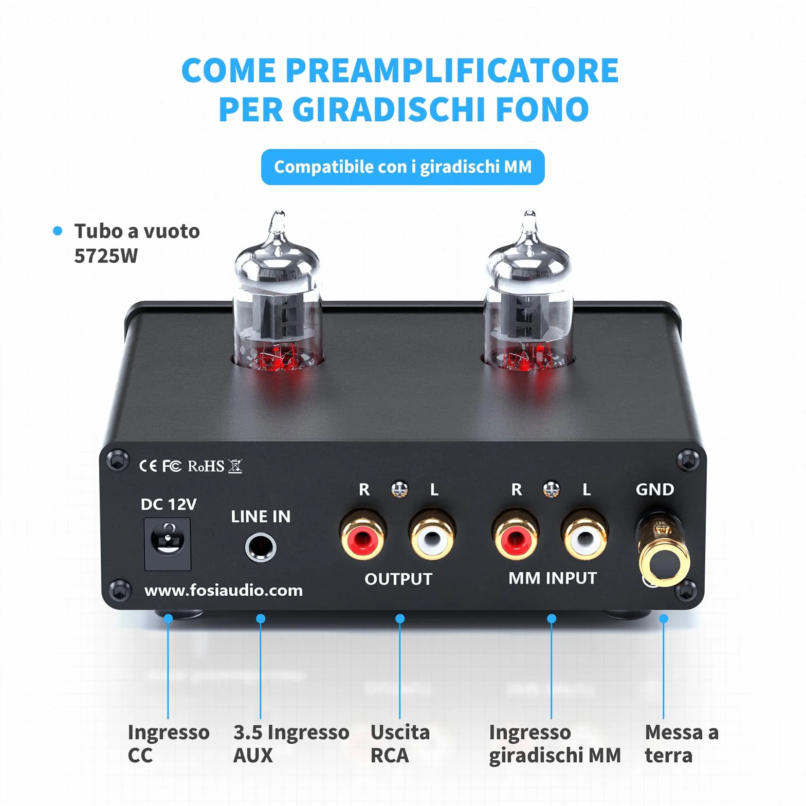 Fosi Audio X4 Preamplificatore Phono a valvole HiFi per cuffie e giradischi MM, BOX X4 Guadagno Stereo