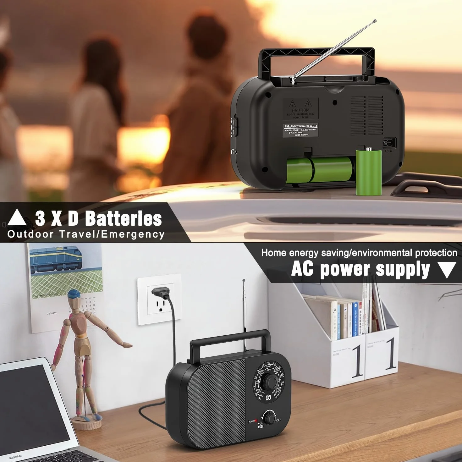 Radio Portatile AM FM SW con Alimentazione a Rete e Batteria, Altoparlante Integrato - Nero