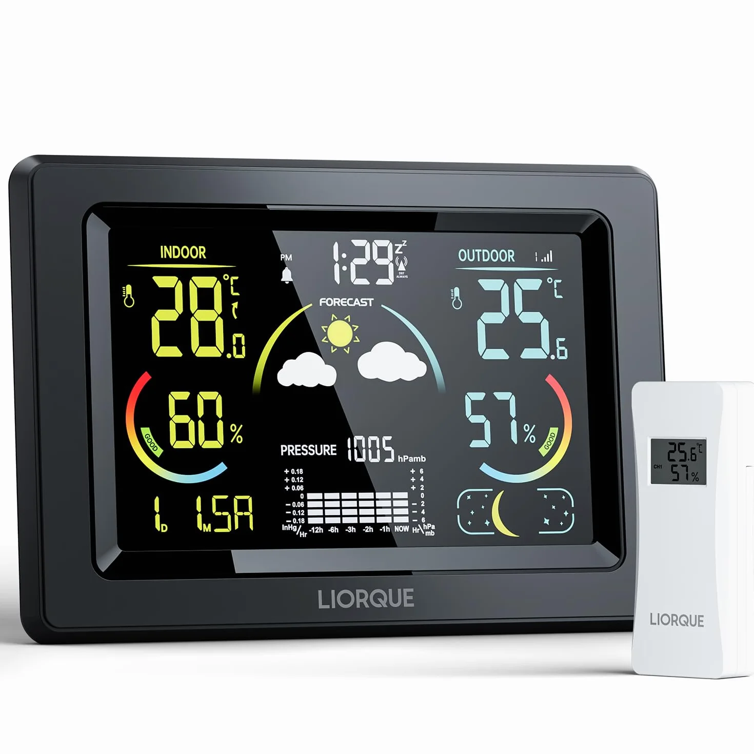 LIORQUE Stazione Meteo con Sensore Esterno, Display a colori LCD VA, Stazione Meteo con Sveglia, Fase Lunare, Previsioni Meteo, Data,Retroilluminazione Regolabile, Igrometro