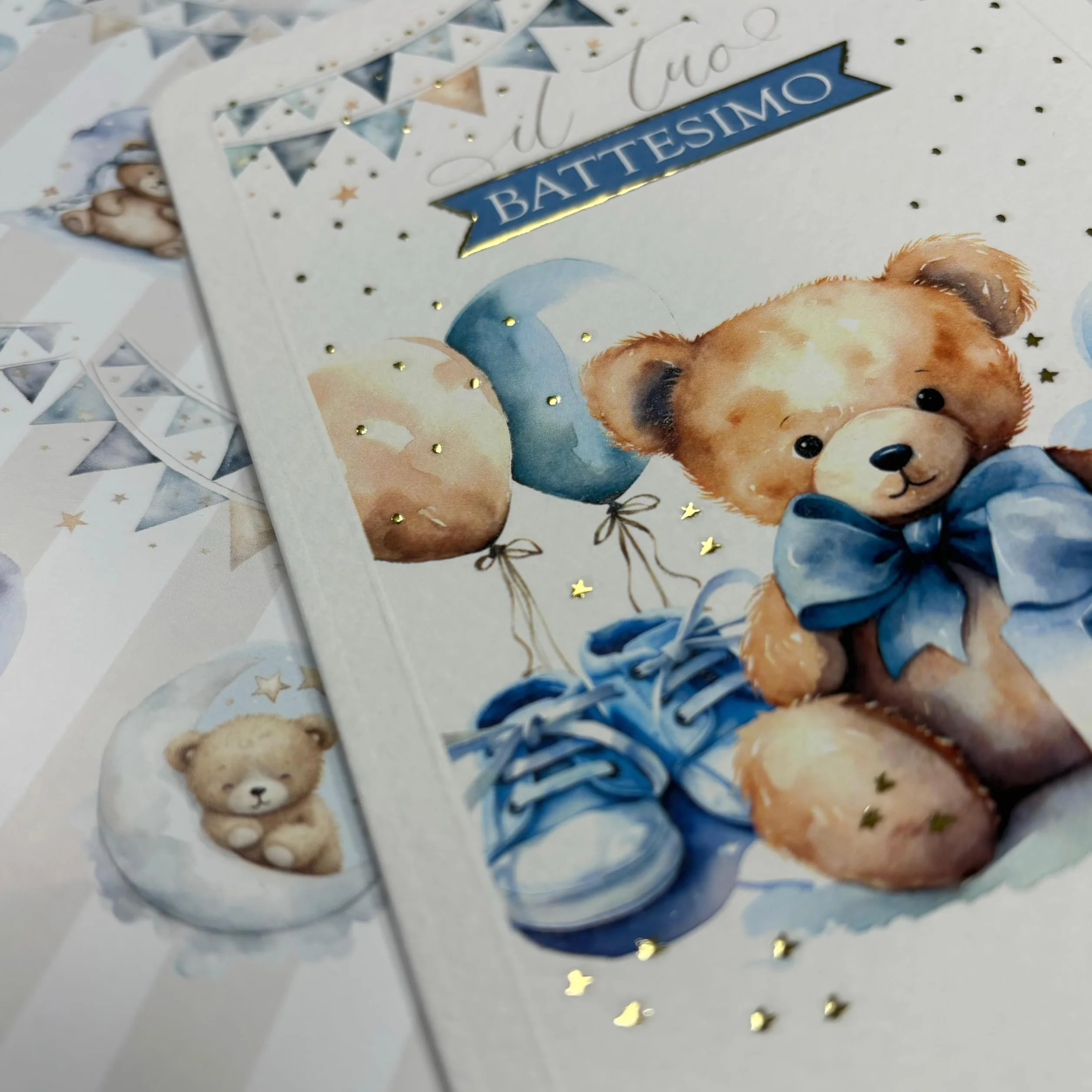 Set Battesimo Biglietto e Carta da Regalo Orsetto Blu 16x12 cm 100x70 cm