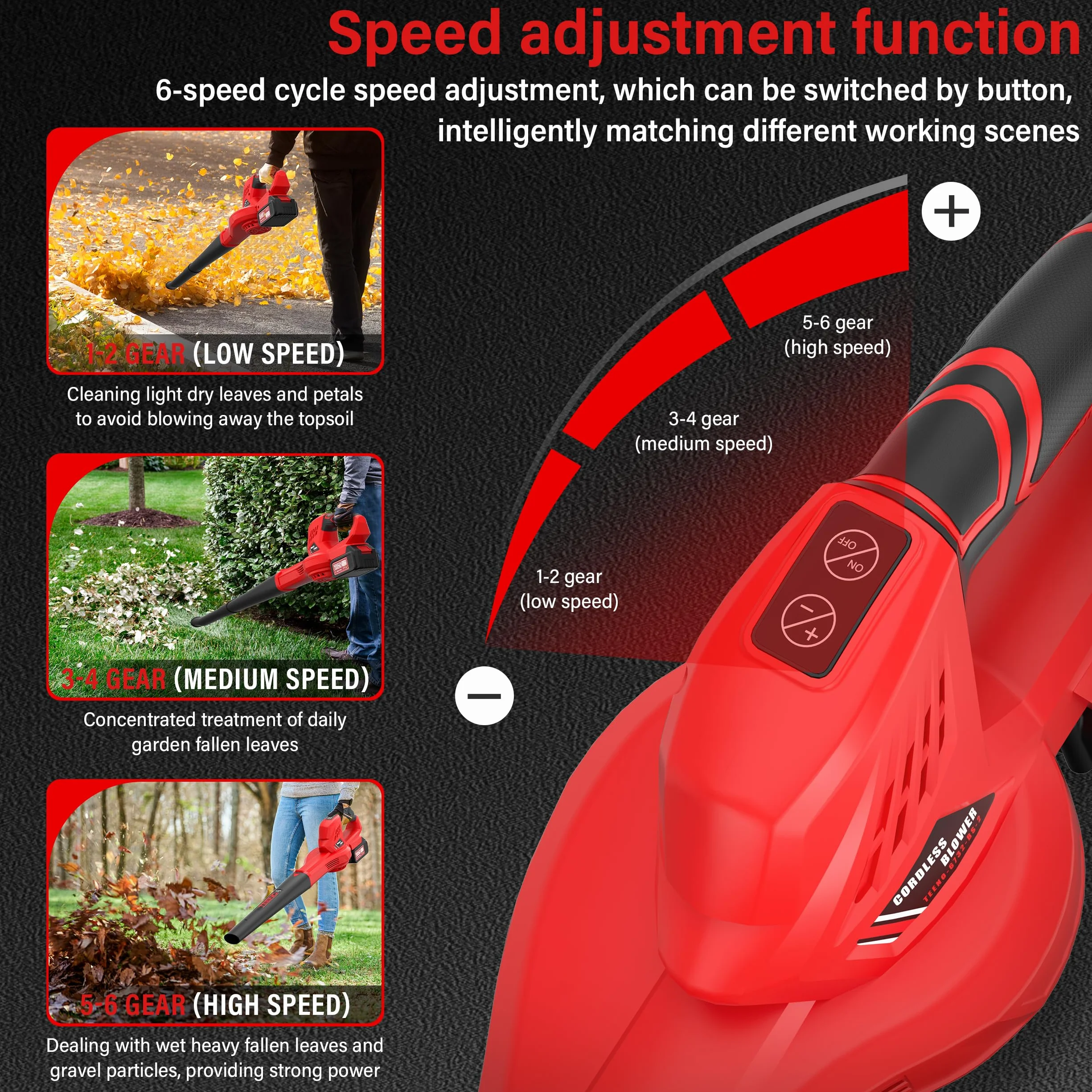 Soffiatore per Foglie TEENO Elettrico Senza Fili, Ad Alta Prestazione (210 km/h), 4Ah *2, 6 Livelli di Aria, Tubo Smontabile, Per Giardino Pro/Domestico, Compatibile con batterie Makita