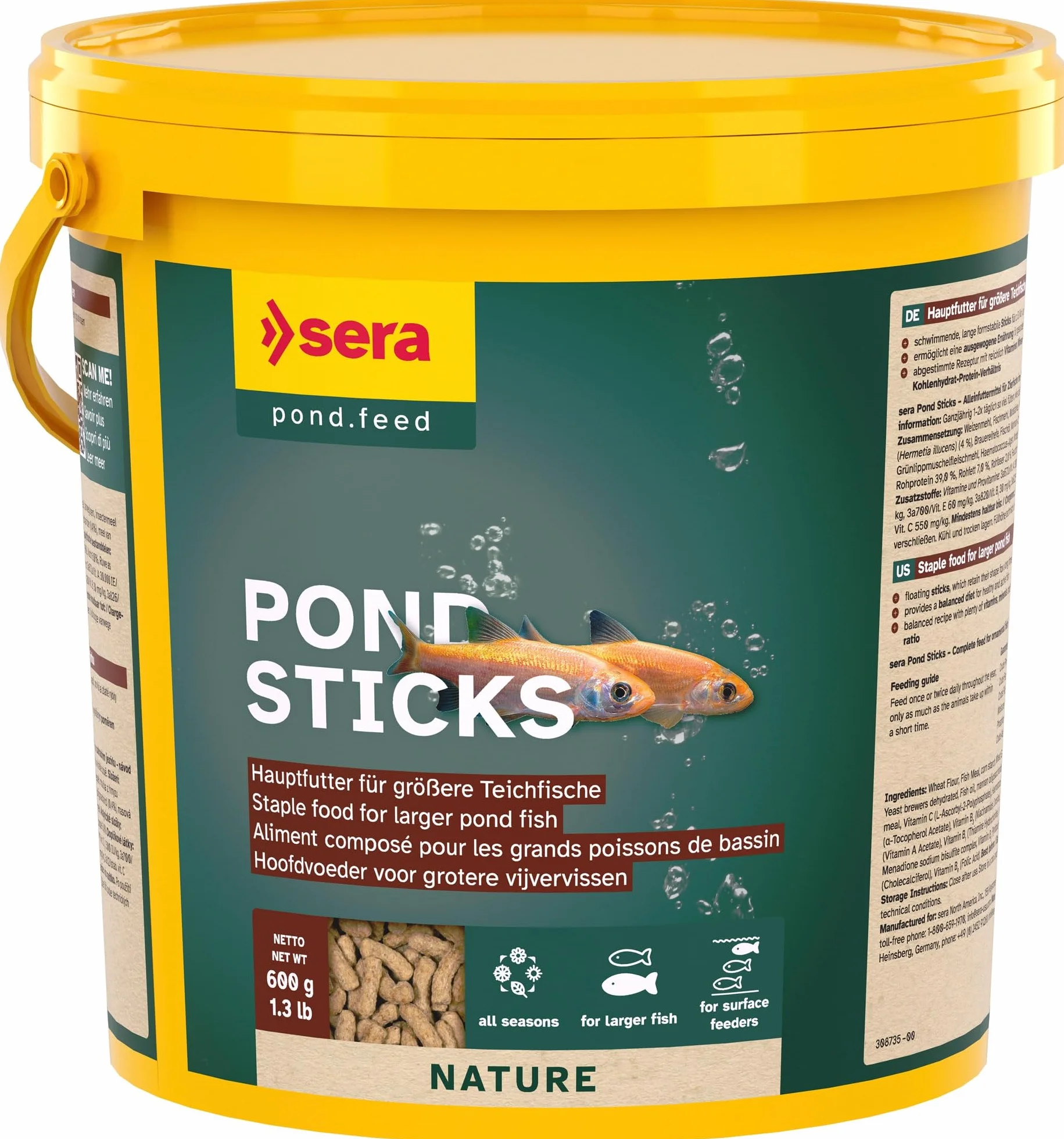 sera pond sticks 3,8 l 600 g | mangime granulare galleggiante per pesci da laghetto 3.800 ml | senza coloranti e conservanti