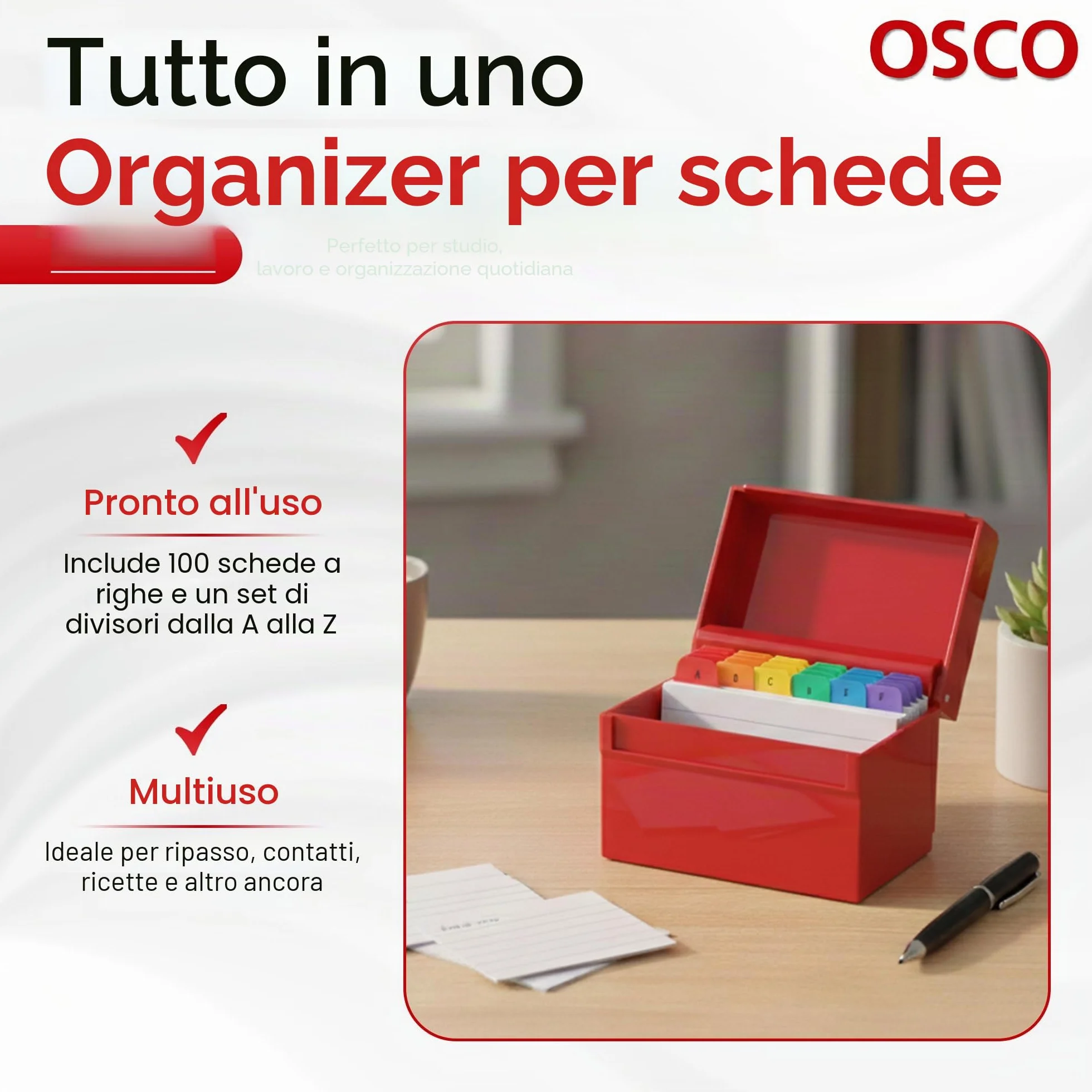 Osco AIBOX-RED Red Hi-Gloss Index Box 100 Cards Coloured Tabs