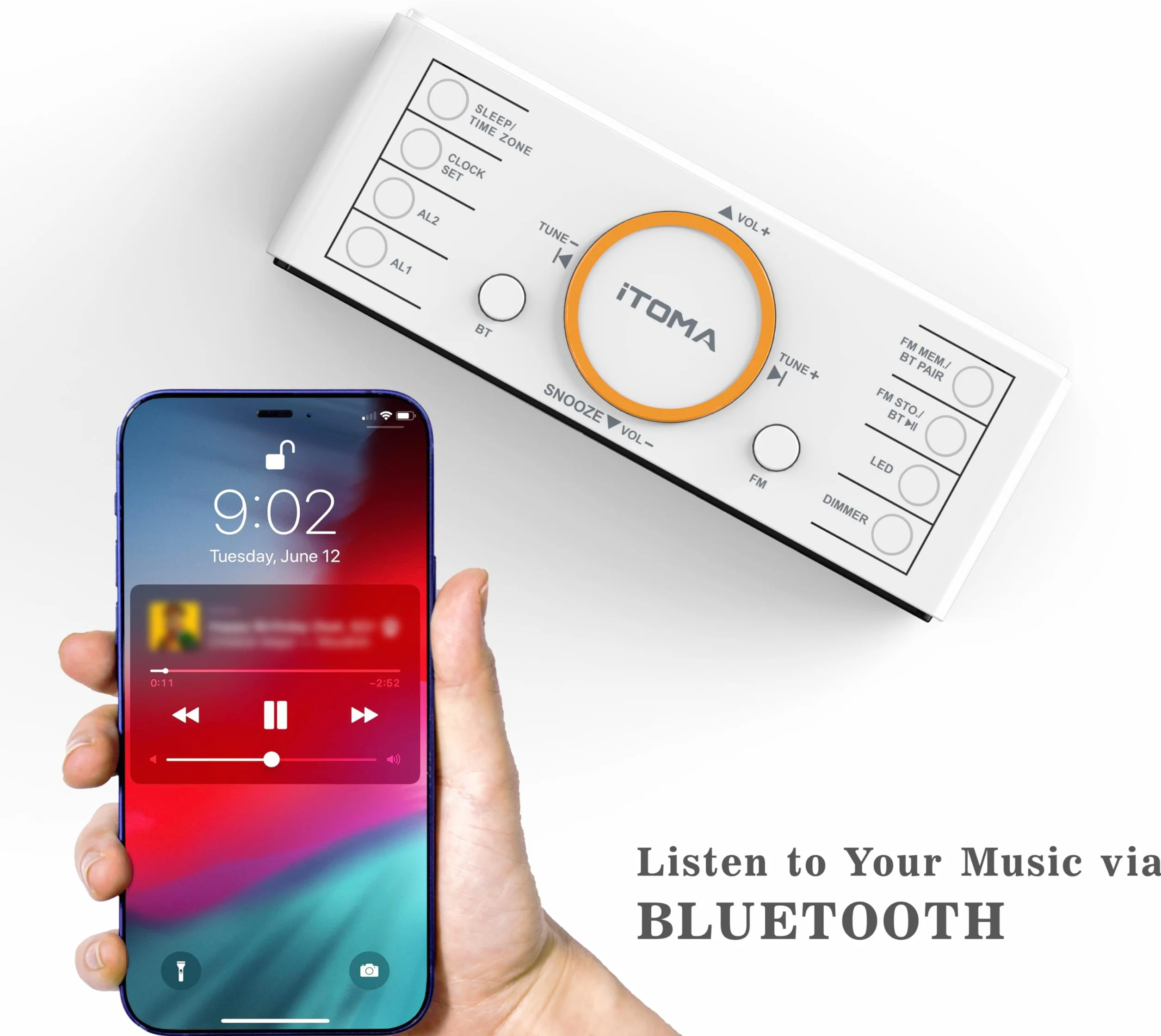 iTOMA Radiosveglia Bluetooth 1,4" Display LED Bianco FM Doppia Sveglia Timer Snooze Dimmer Caricatore USB CKS718